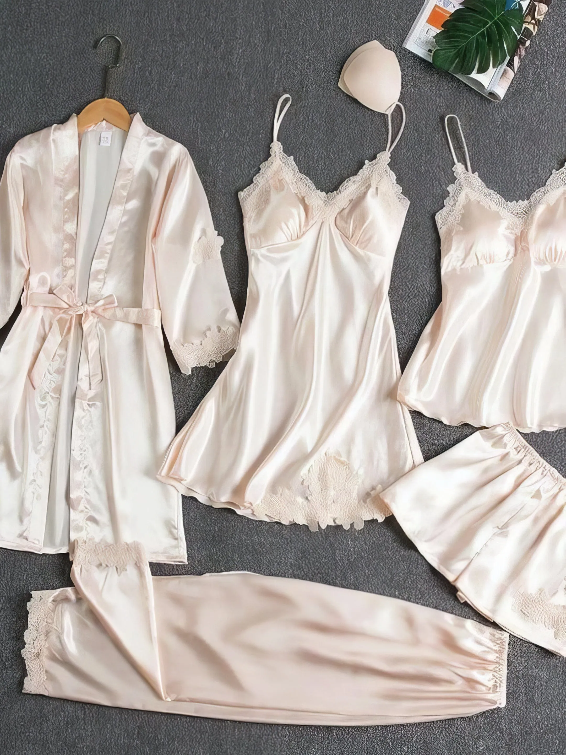 5-Piece Silk Pajama Set with Lace Detail