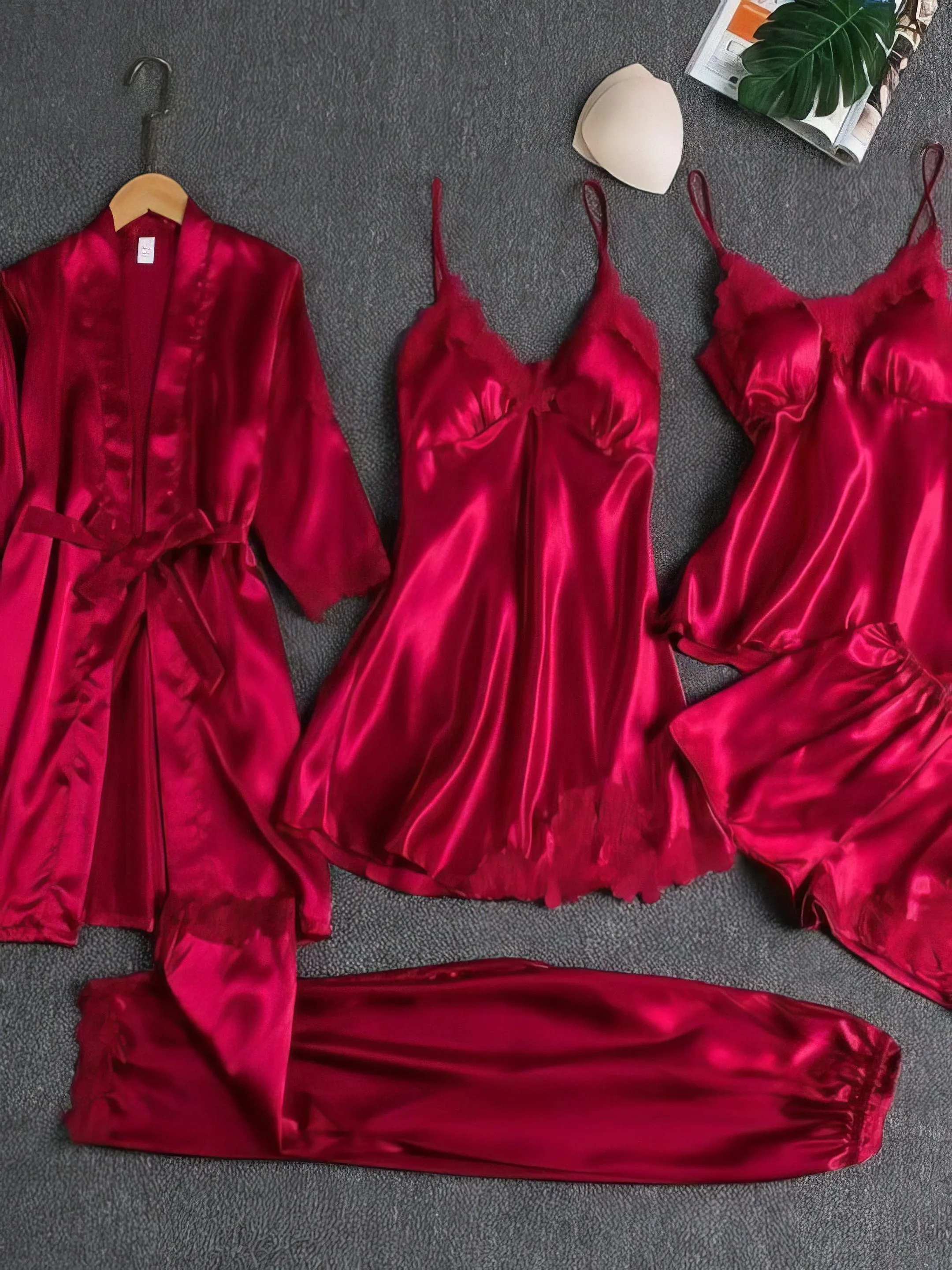 5-Piece Silk Pajama Set with Lace Detail