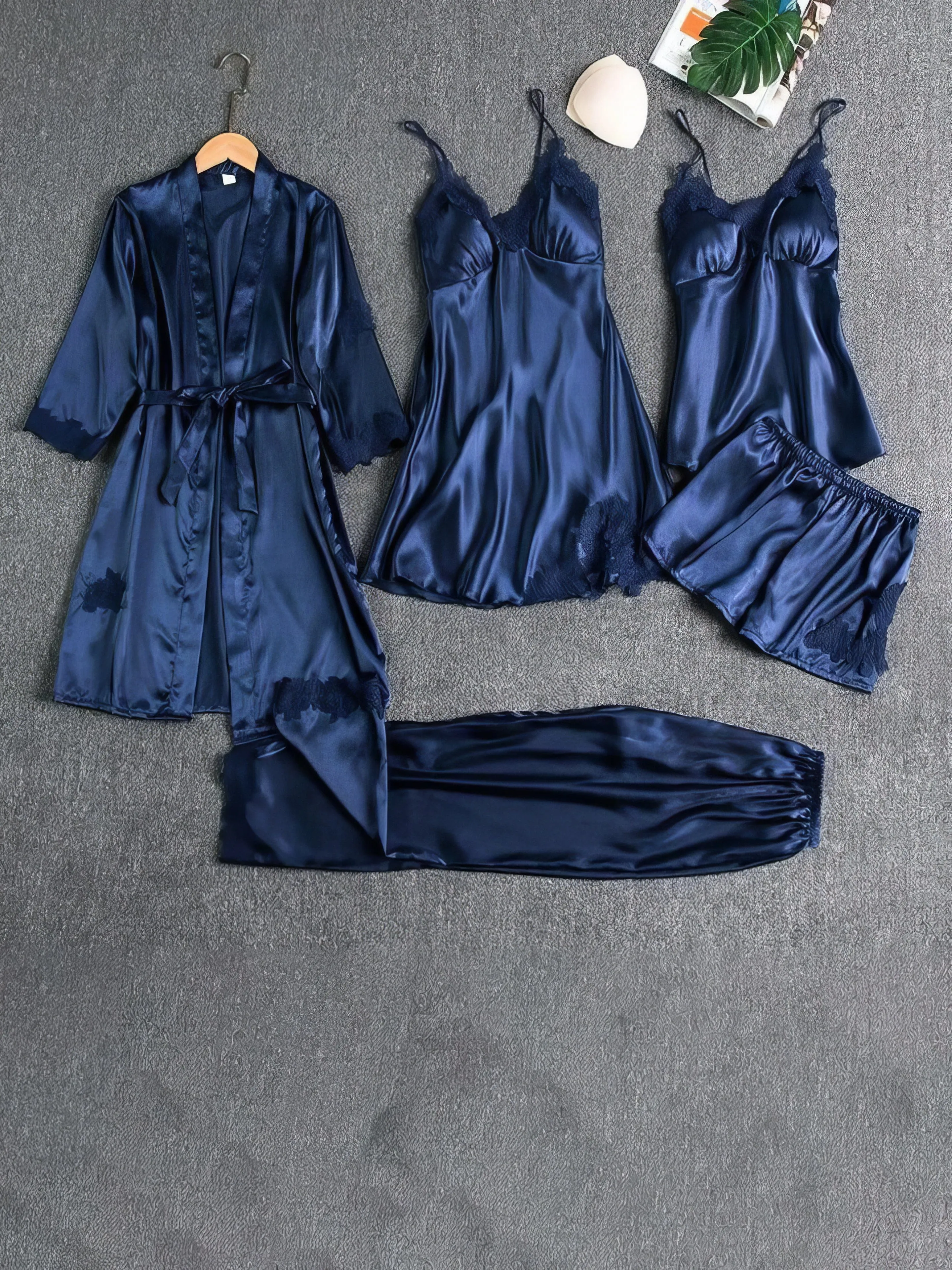 5-Piece Silk Pajama Set with Lace Detail