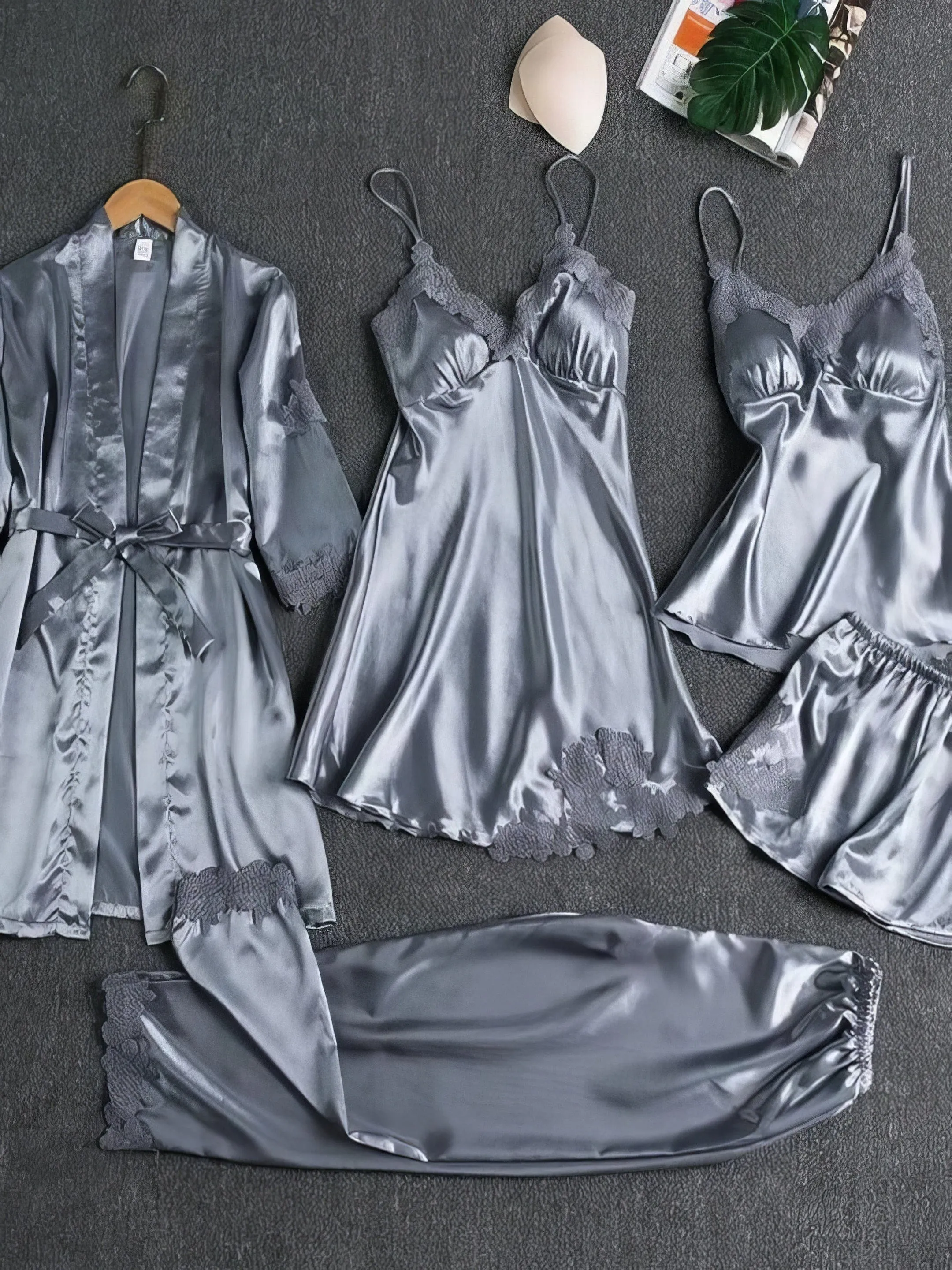 5-Piece Silk Pajama Set with Lace Detail