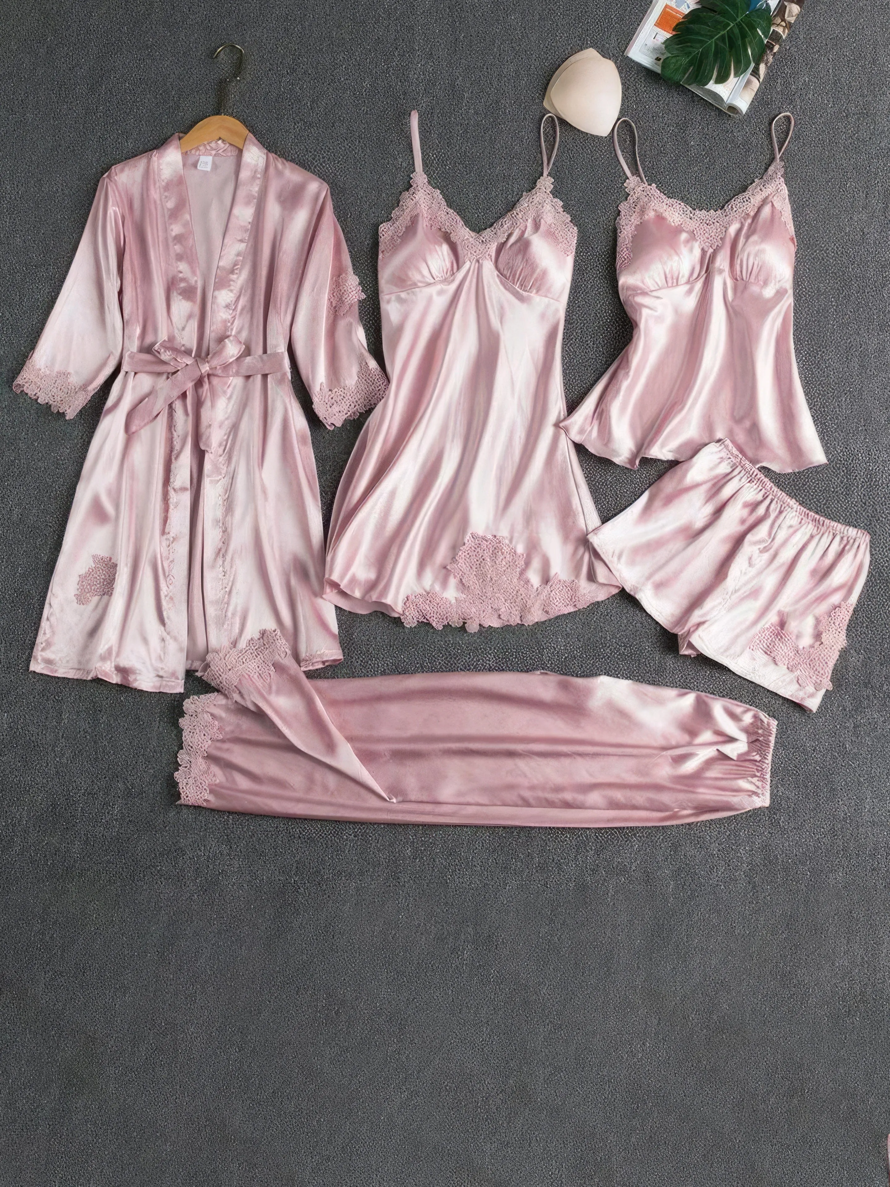 5-Piece Silk Pajama Set with Lace Detail