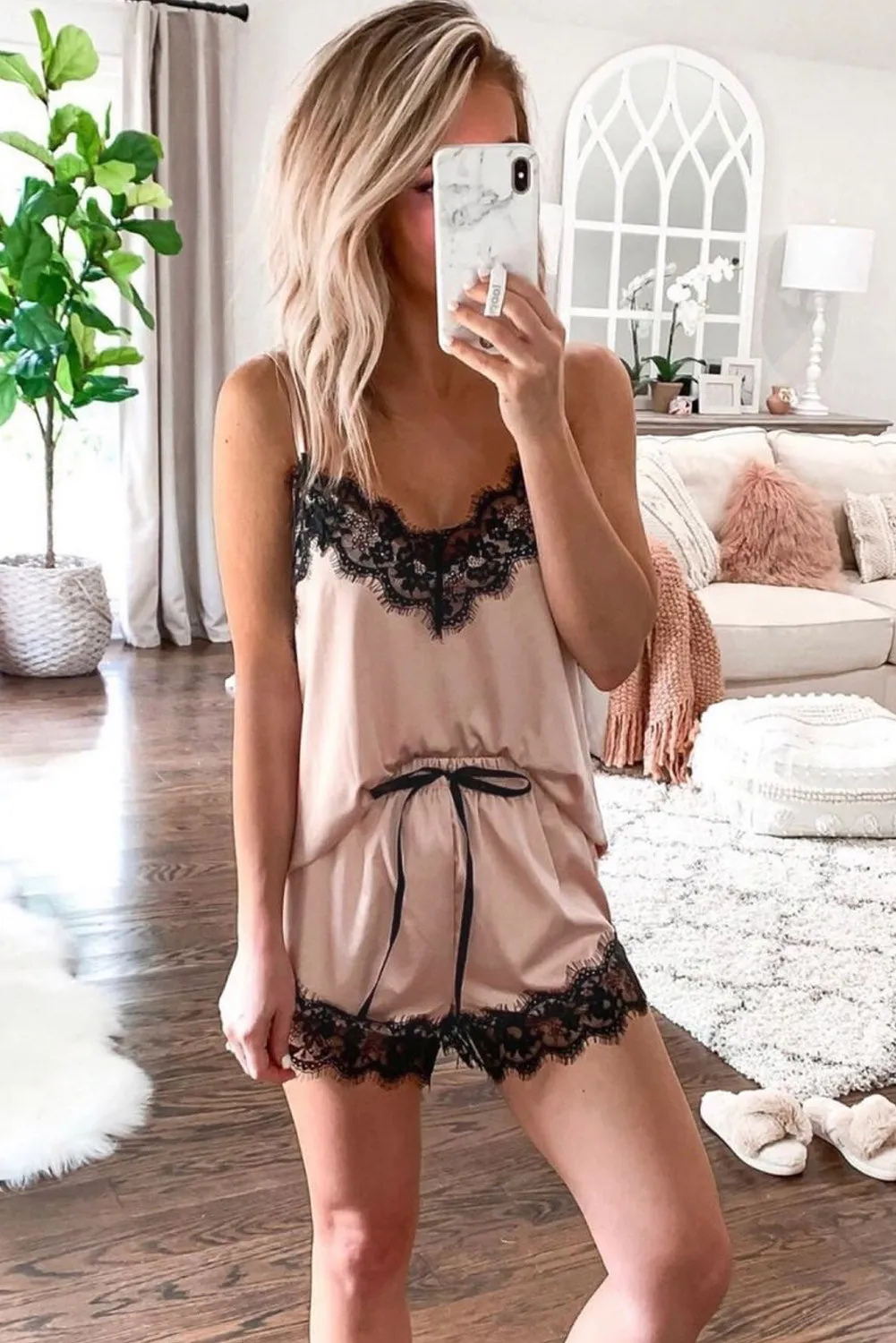 5-Piece Silk Pajama Set with Lace Detail