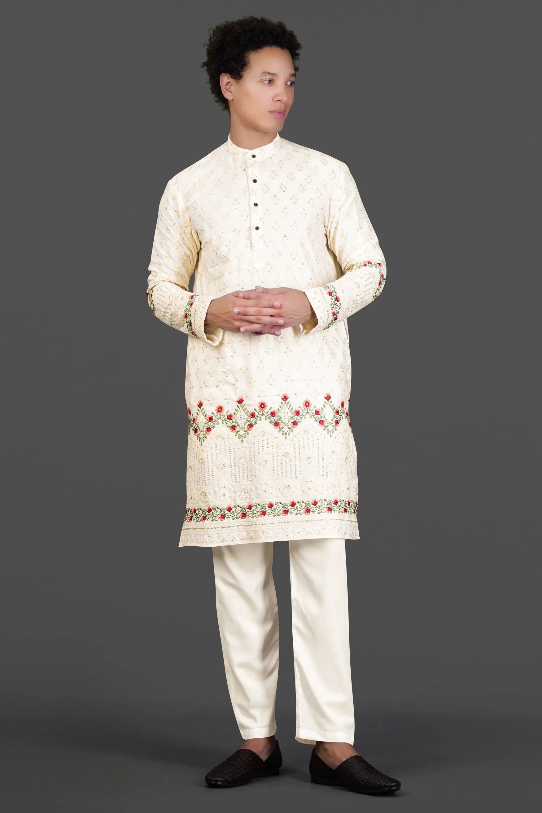 Albescent Cream Floral Multi Colour Thread and Sequin Embroidered Designer Kurta Set