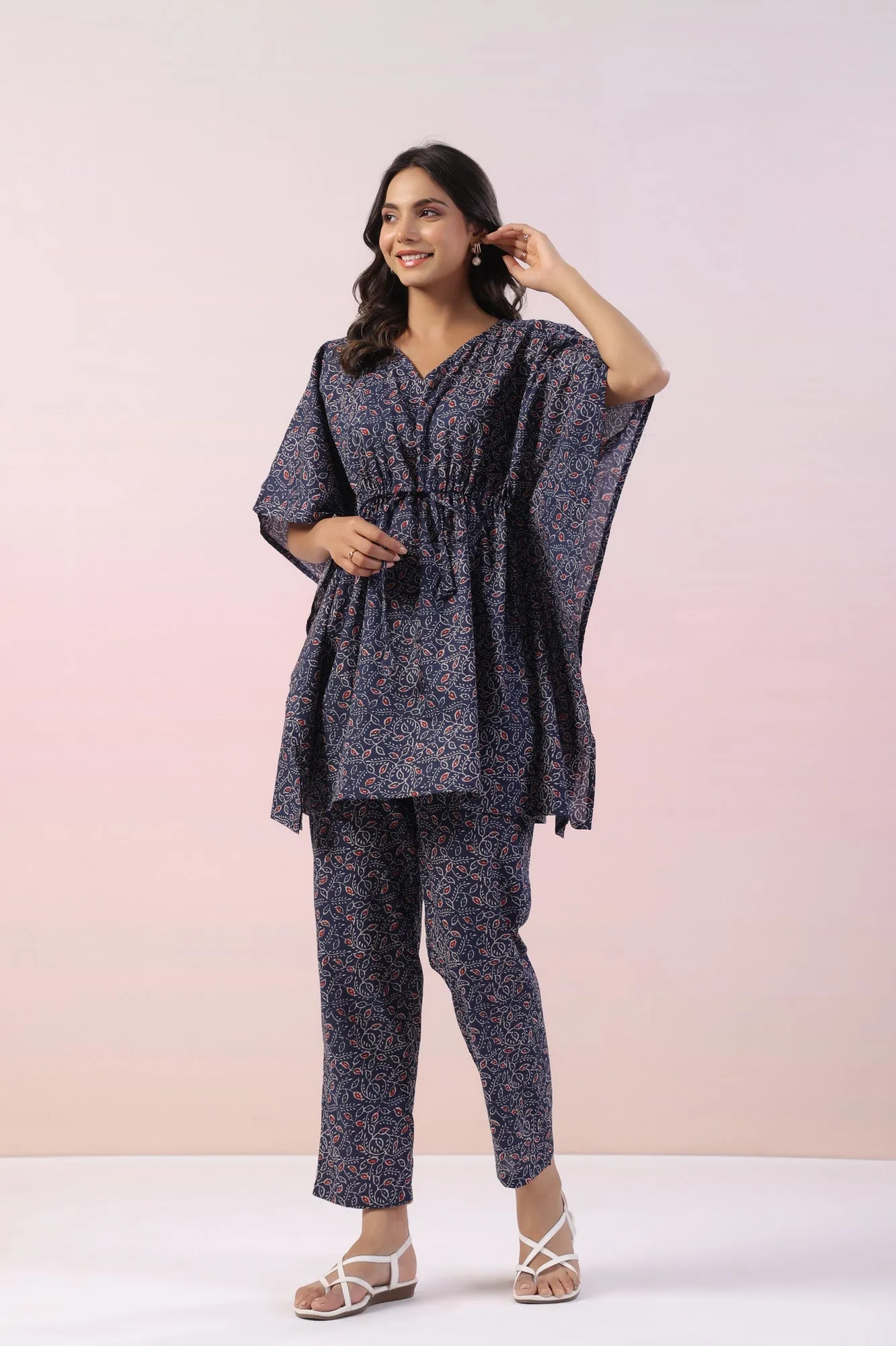 Anemone Blue Cotton Kaftan Top Set