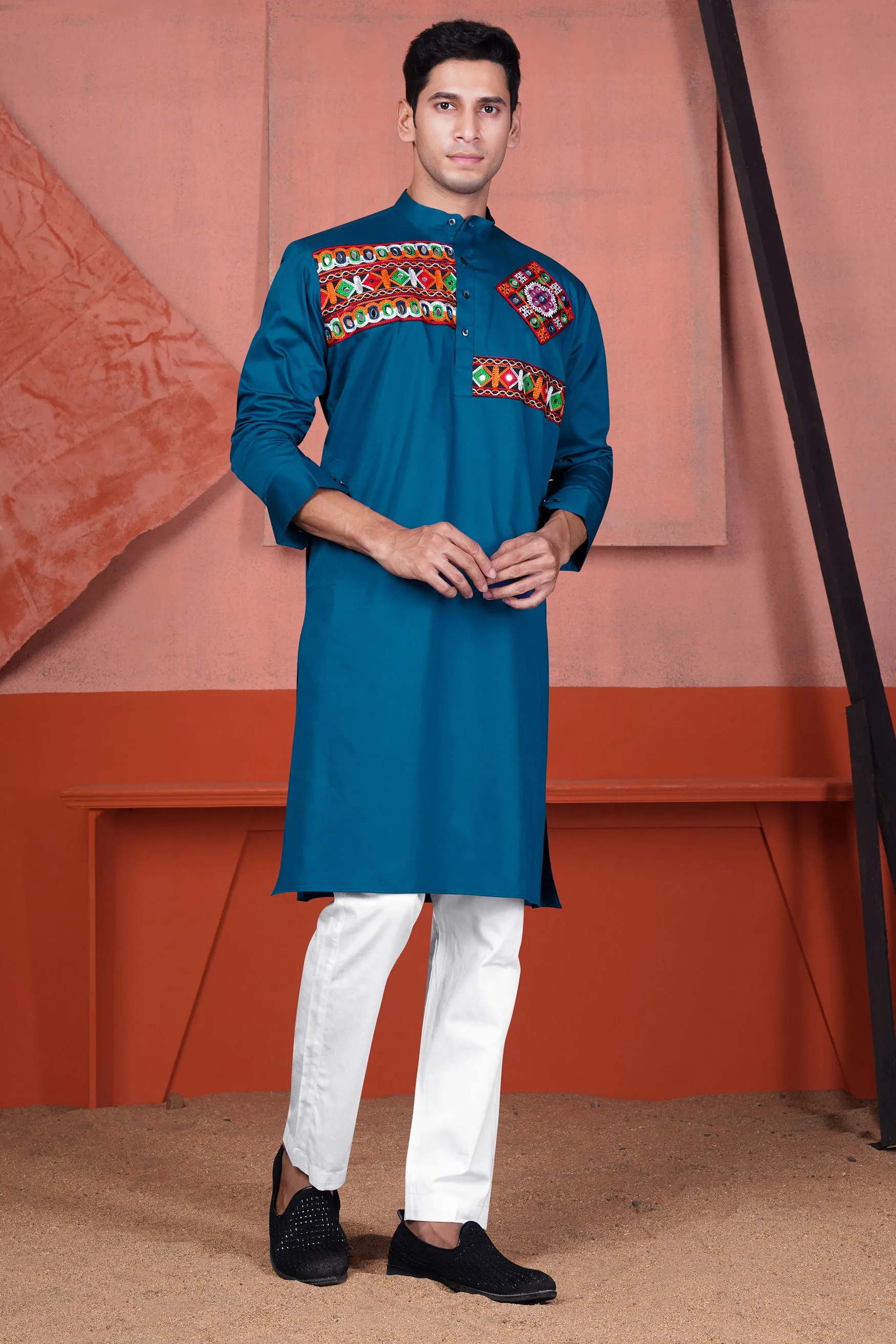 Astronaut Blue Multicolour Kutch Work Patches with Mirror Work Subtle Sheen Super Soft Premium Cotton Designer Kurta Set