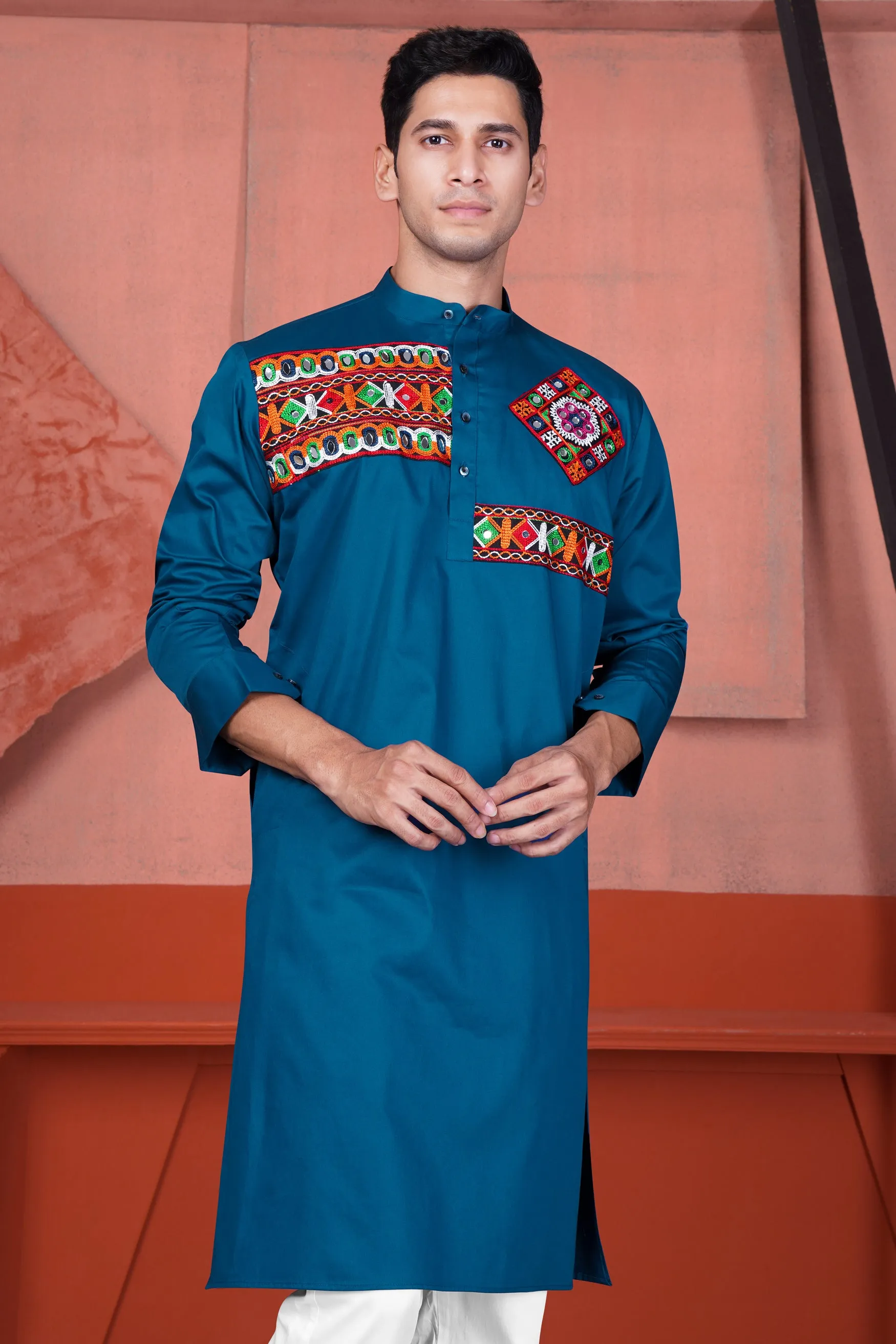 Astronaut Blue Multicolour Kutch Work Patches with Mirror Work Subtle Sheen Super Soft Premium Cotton Designer Kurta Set