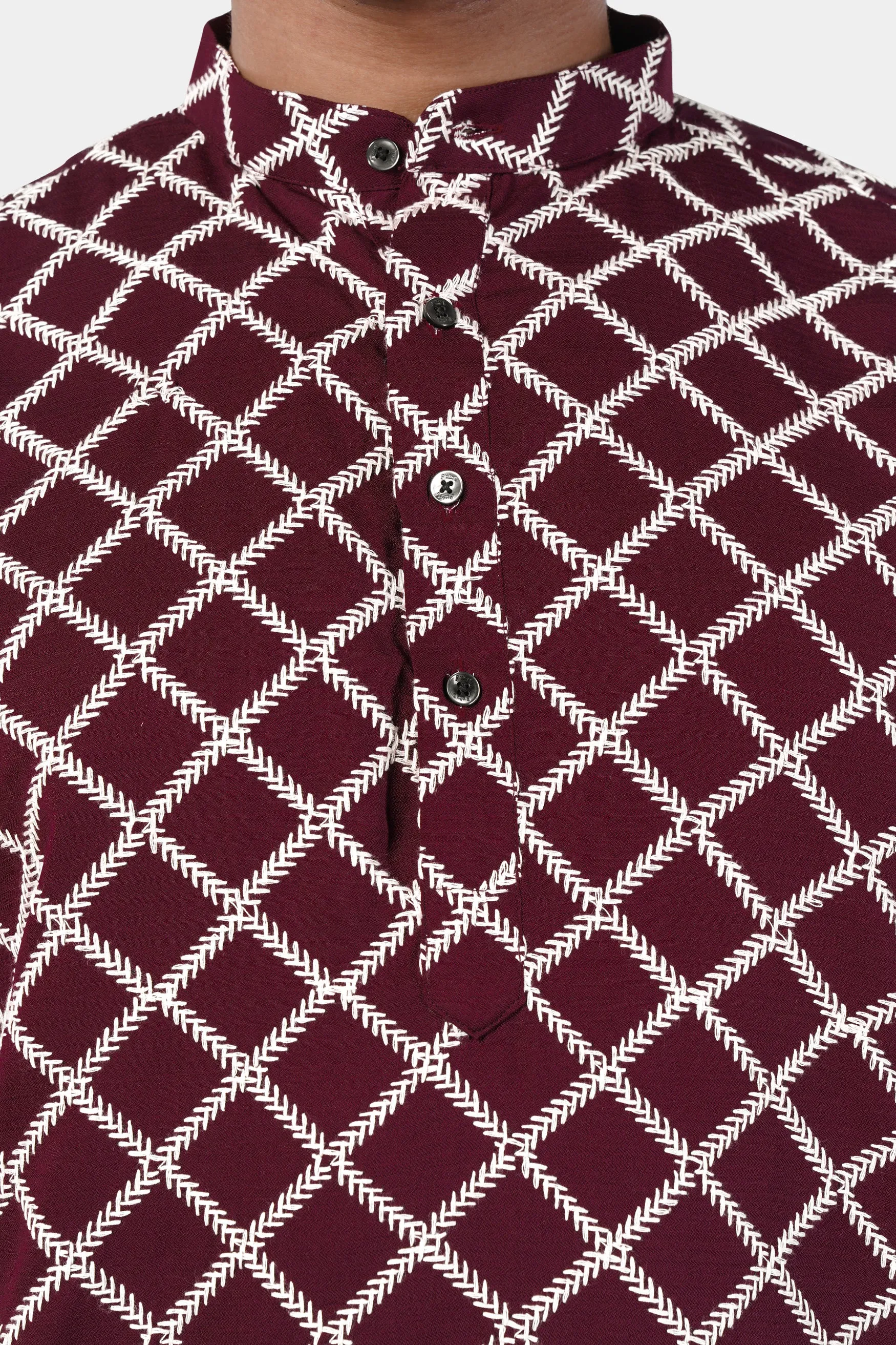 Aubergine Maroon and White Geometric Pattern Thread Embroidered Subtle Sheen Viscose Designer Kurta Set