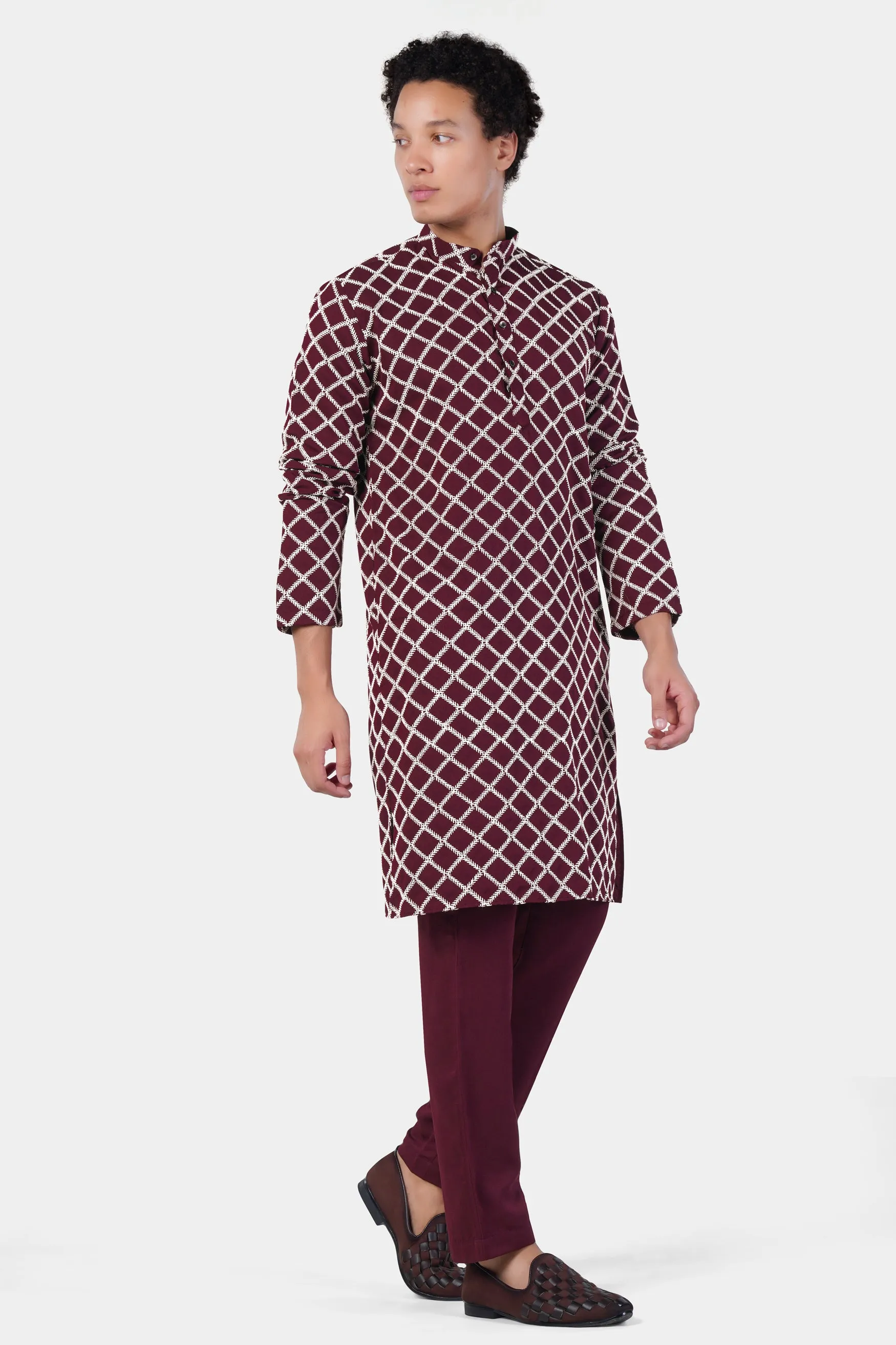 Aubergine Maroon and White Geometric Pattern Thread Embroidered Subtle Sheen Viscose Designer Kurta Set