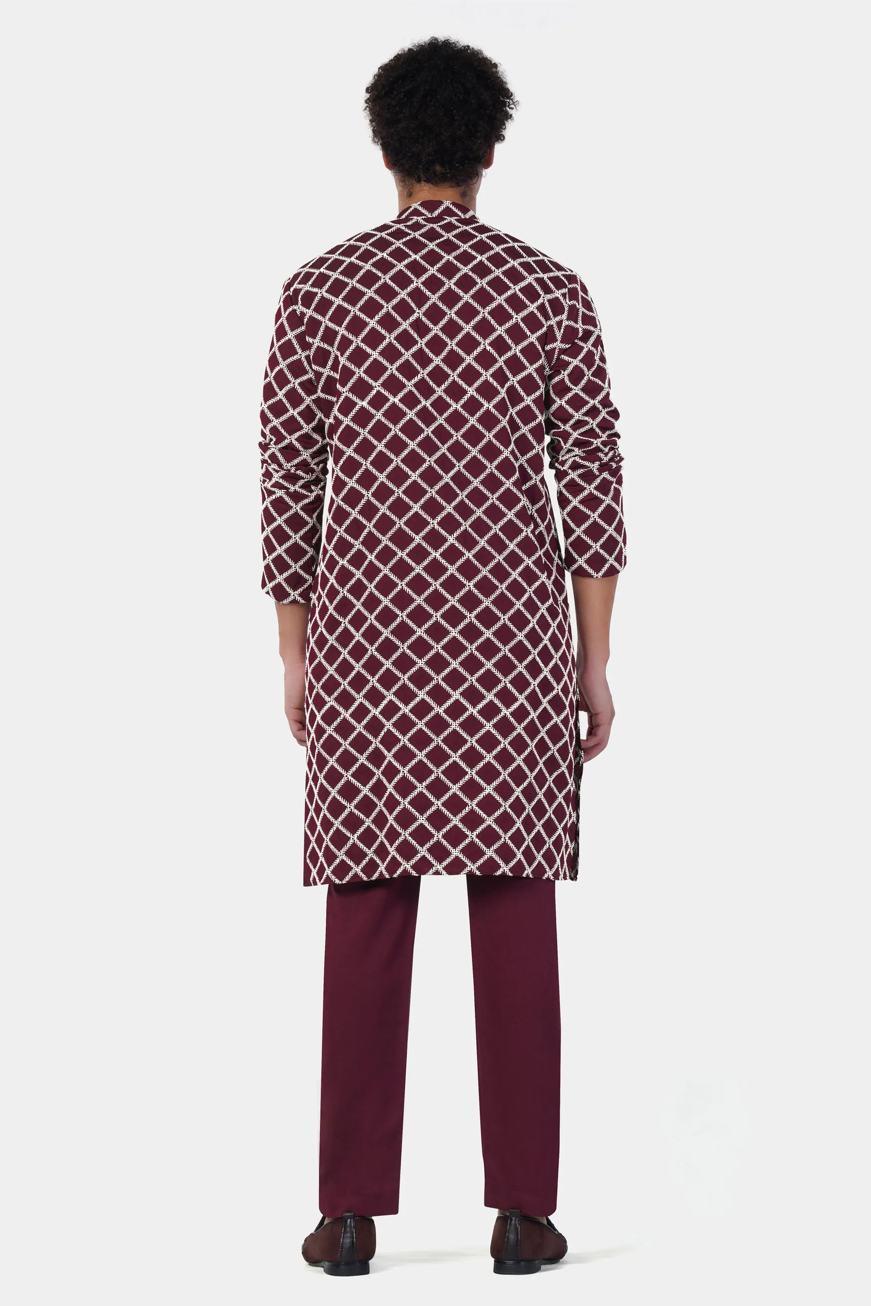 Aubergine Maroon and White Geometric Pattern Thread Embroidered Subtle Sheen Viscose Designer Kurta Set