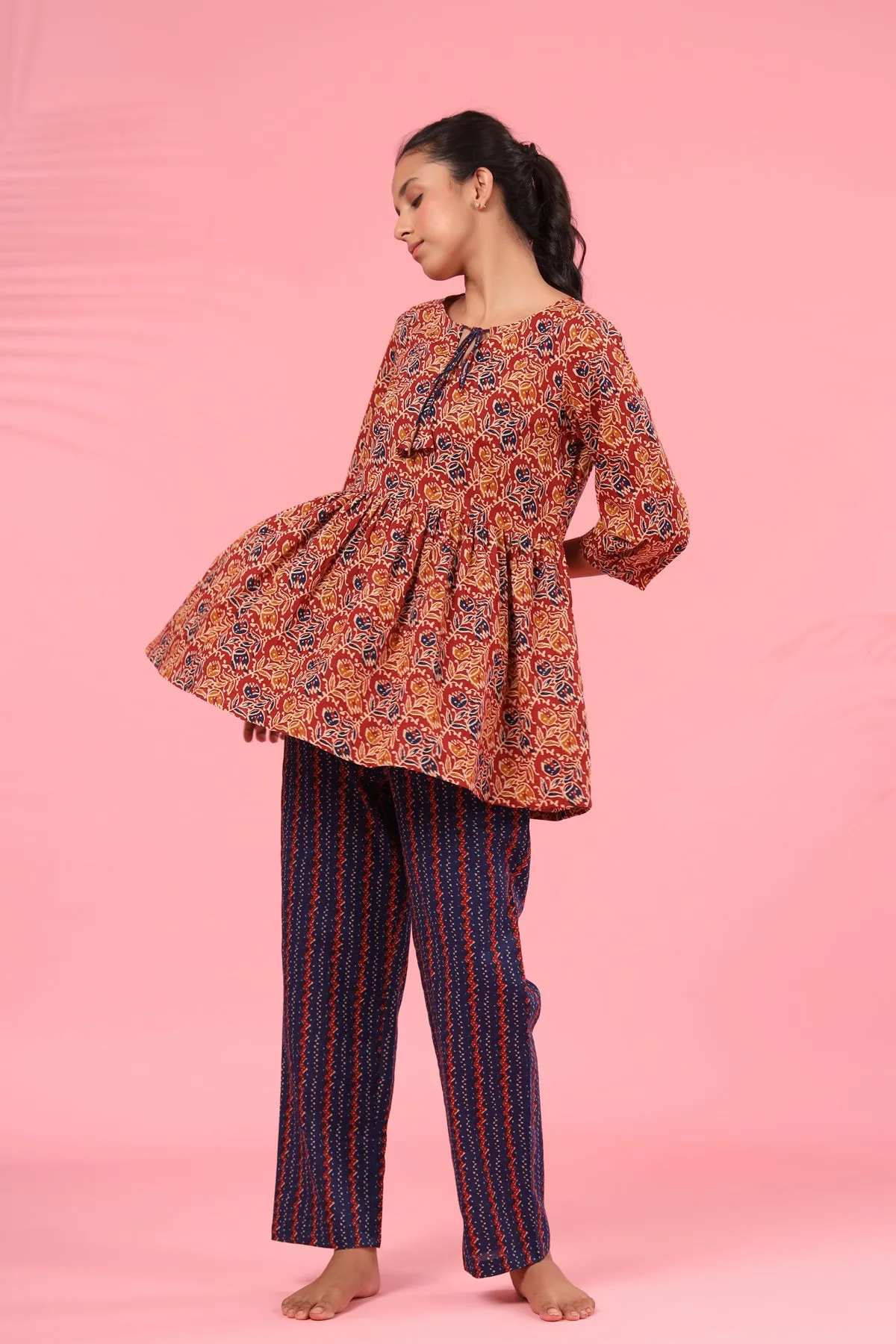 Bagru Kalamkari on Maroon Peplum Loungewear Top Set