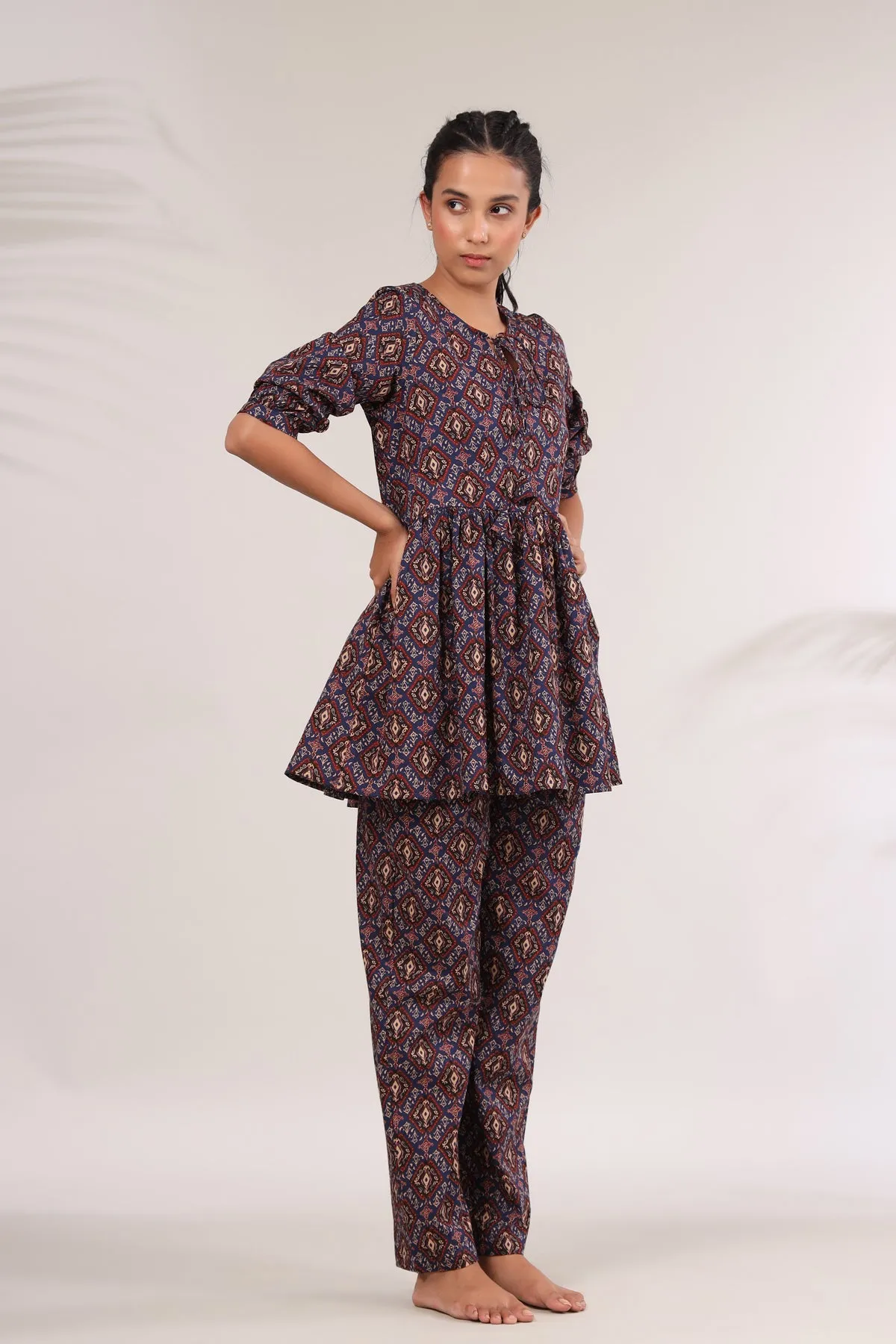 Bagru Kalamkari Print on Blue Peplum Loungewear Top Set