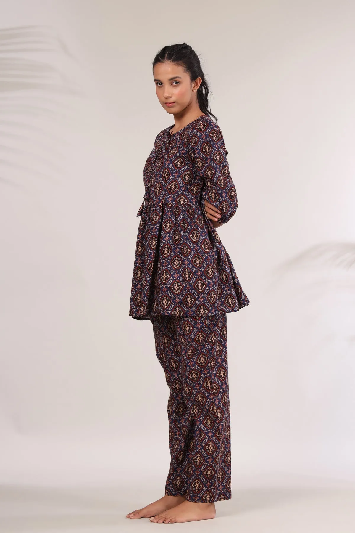 Bagru Kalamkari Print on Blue Peplum Loungewear Top Set