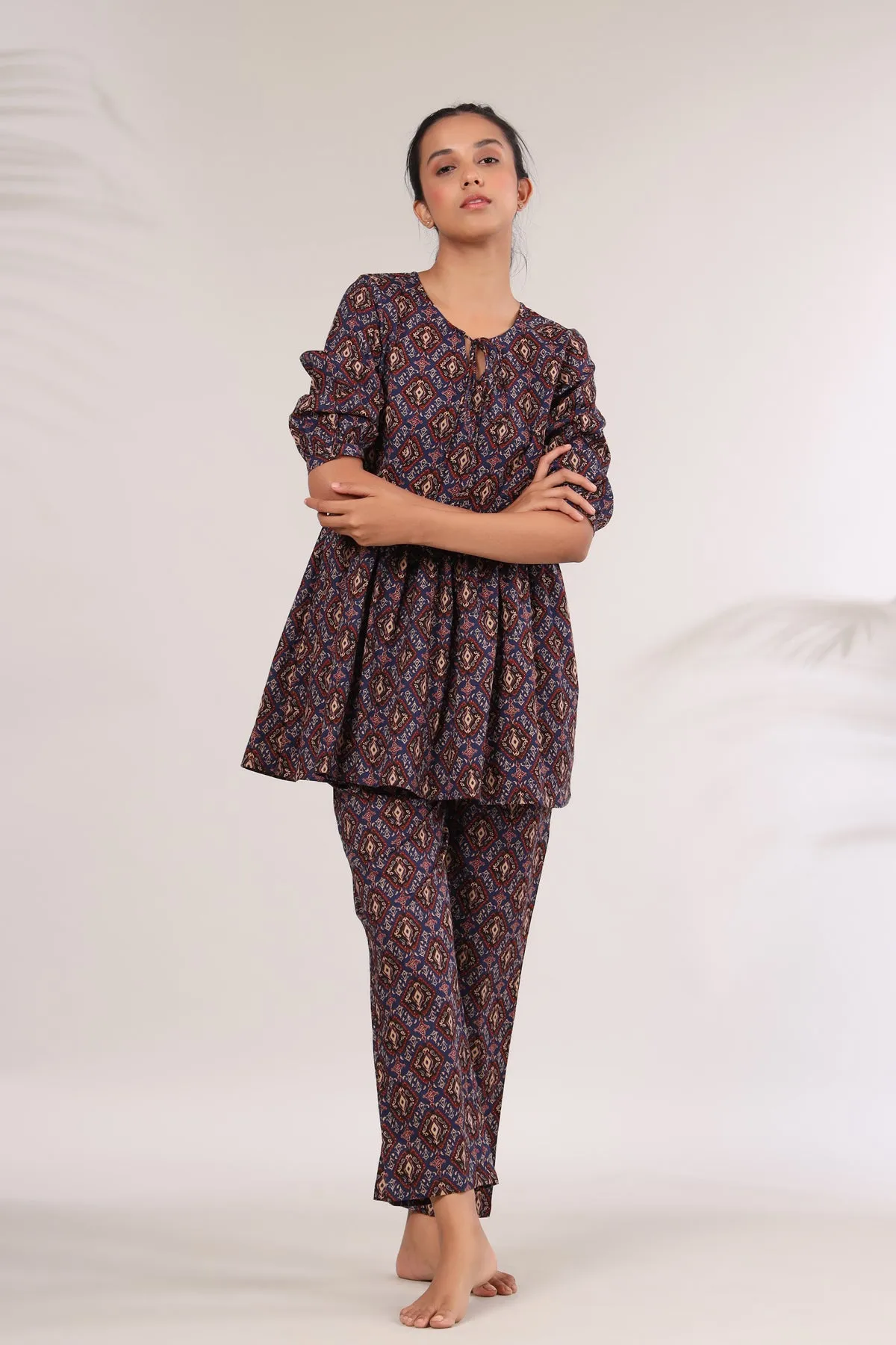 Bagru Kalamkari Print on Blue Peplum Loungewear Top Set