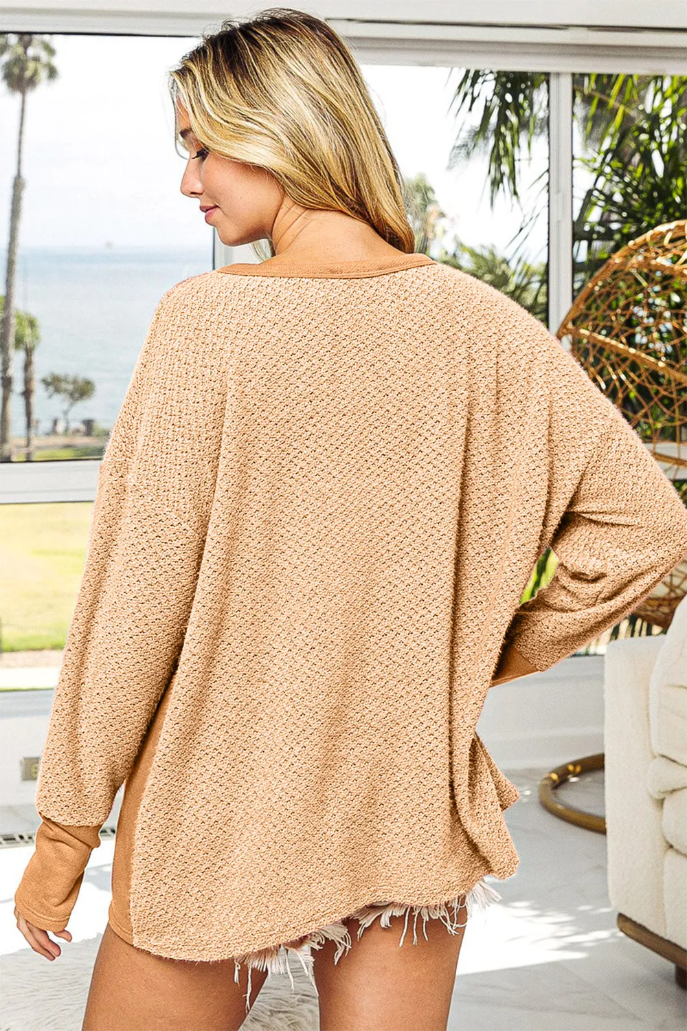 BiBi Thumb Opening Long Sleeve Top with Kangaroo Pocket in Taupe