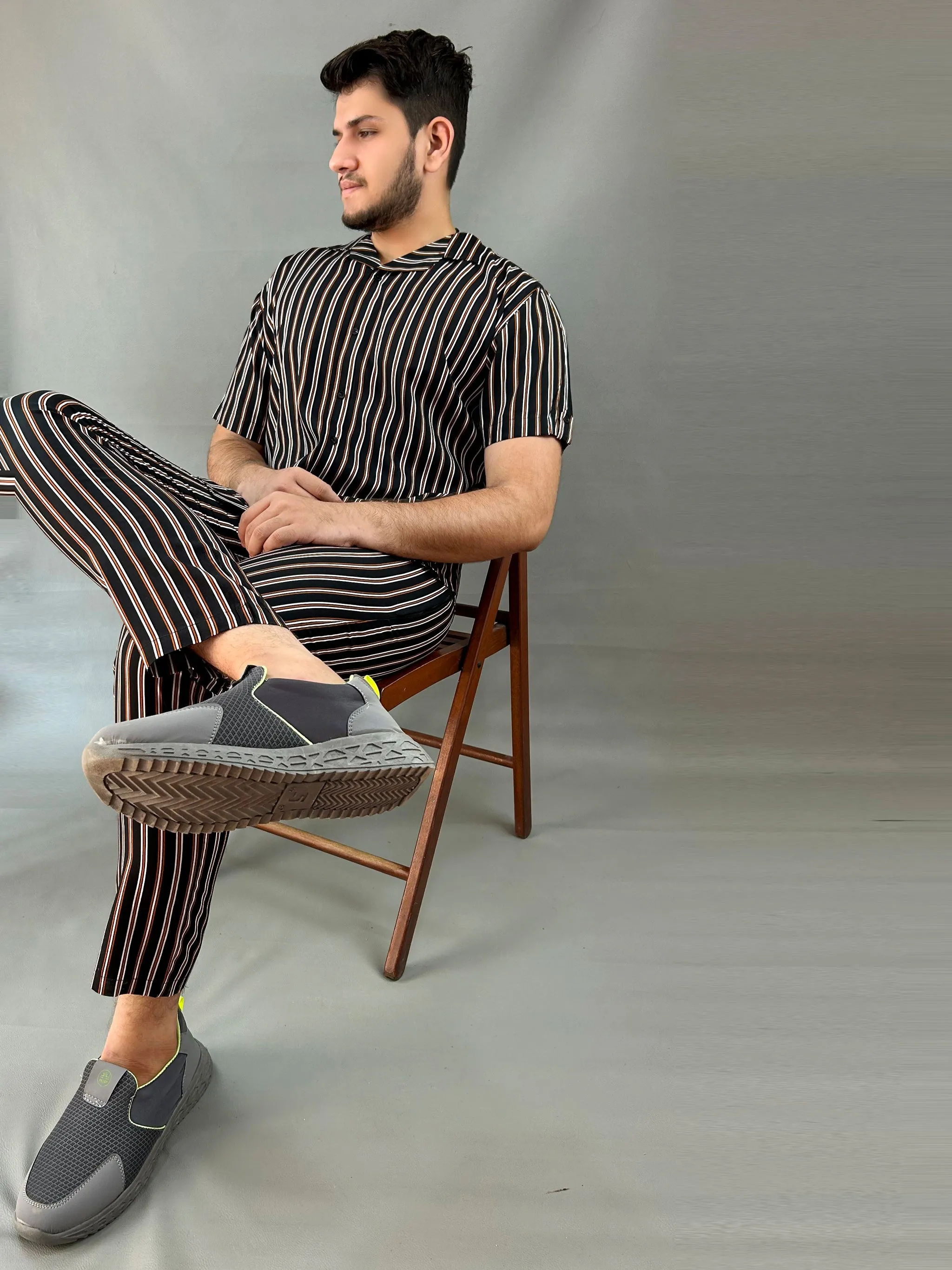 Black Striped Linen Co-Ords Set For Men MTS03