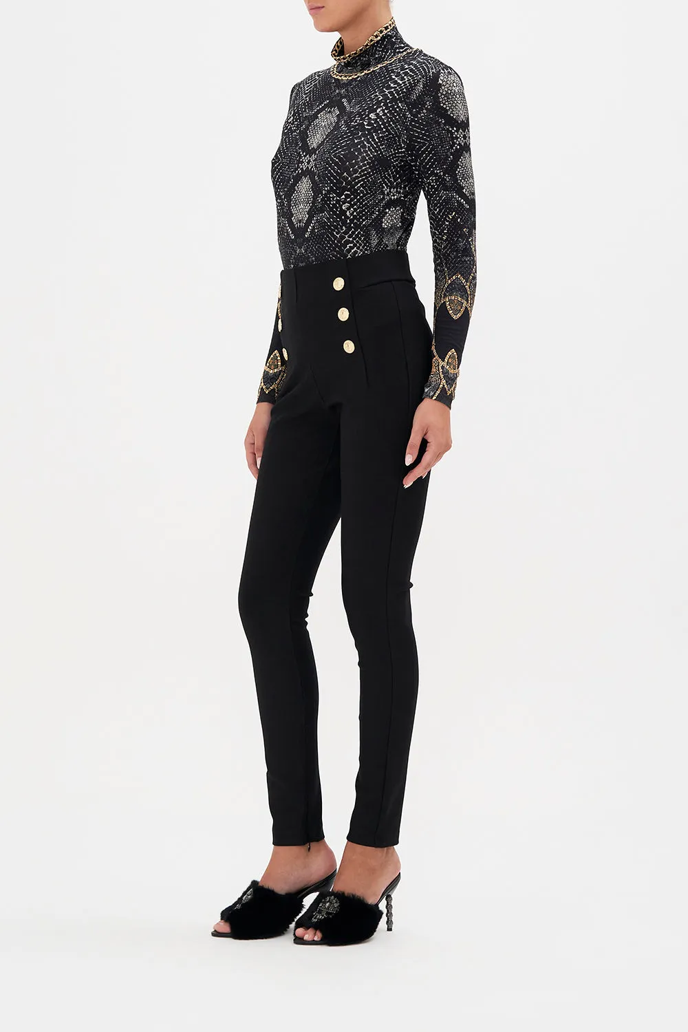 BUTTON EMBELLISHED PONTE PANT WILD HORSES