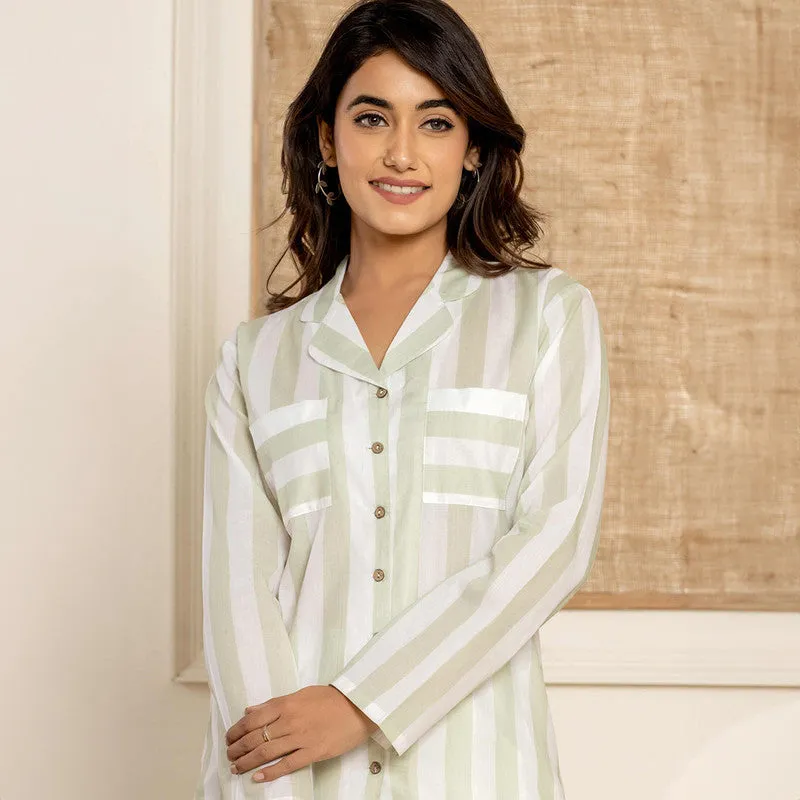 Cambric Cotton Loungewear Set for Women | Green & White | Striped