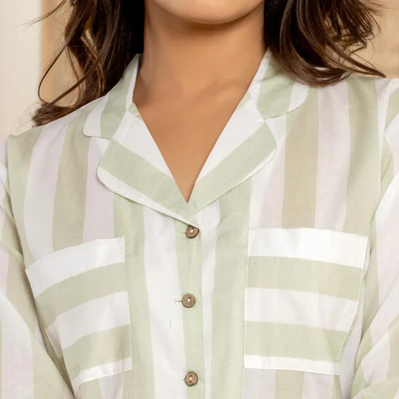 Cambric Cotton Loungewear Set for Women | Green & White | Striped