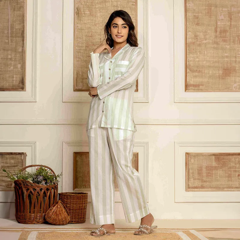 Cambric Cotton Loungewear Set for Women | Green & White | Striped