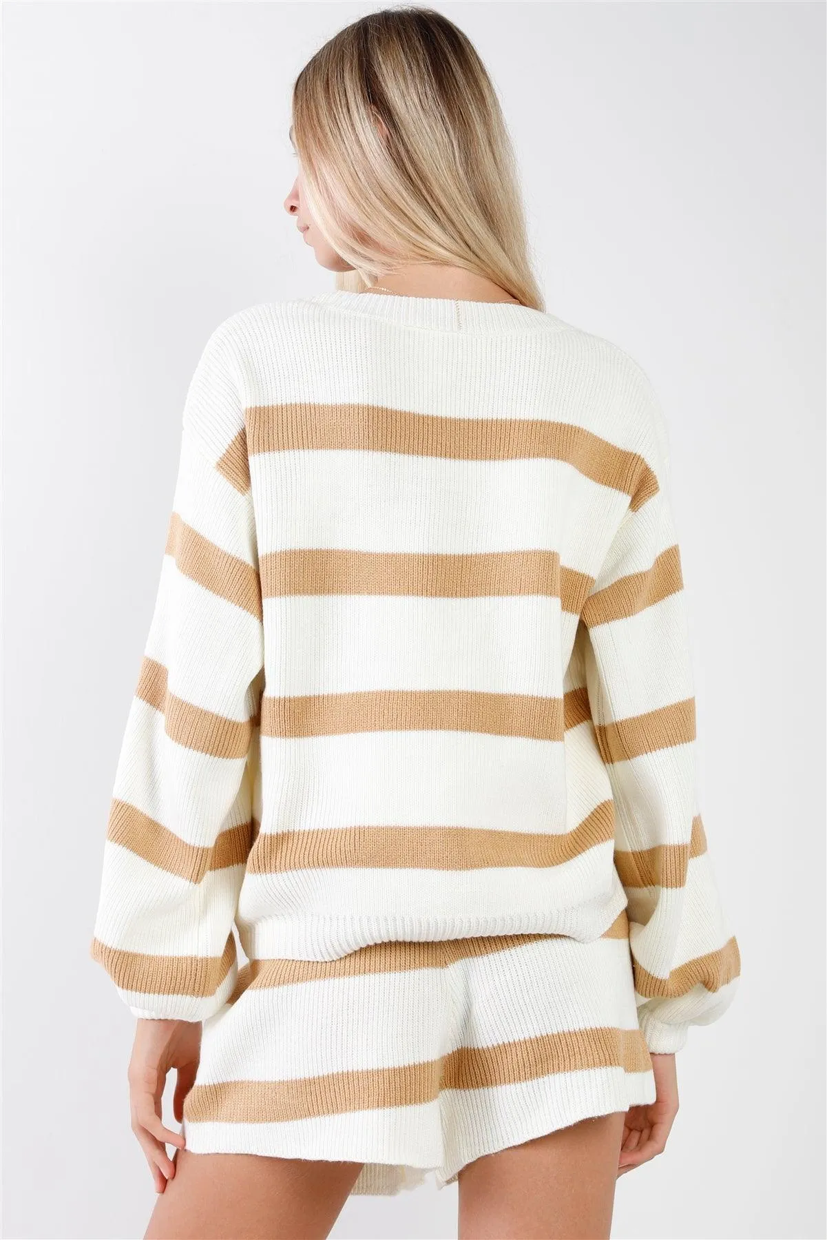 Camel & Ivory Striped Oversized Knit Long Sleeve V-Neck Cardigan & High-Waisted Shorts Two Piece Set /1-1-2-1-1