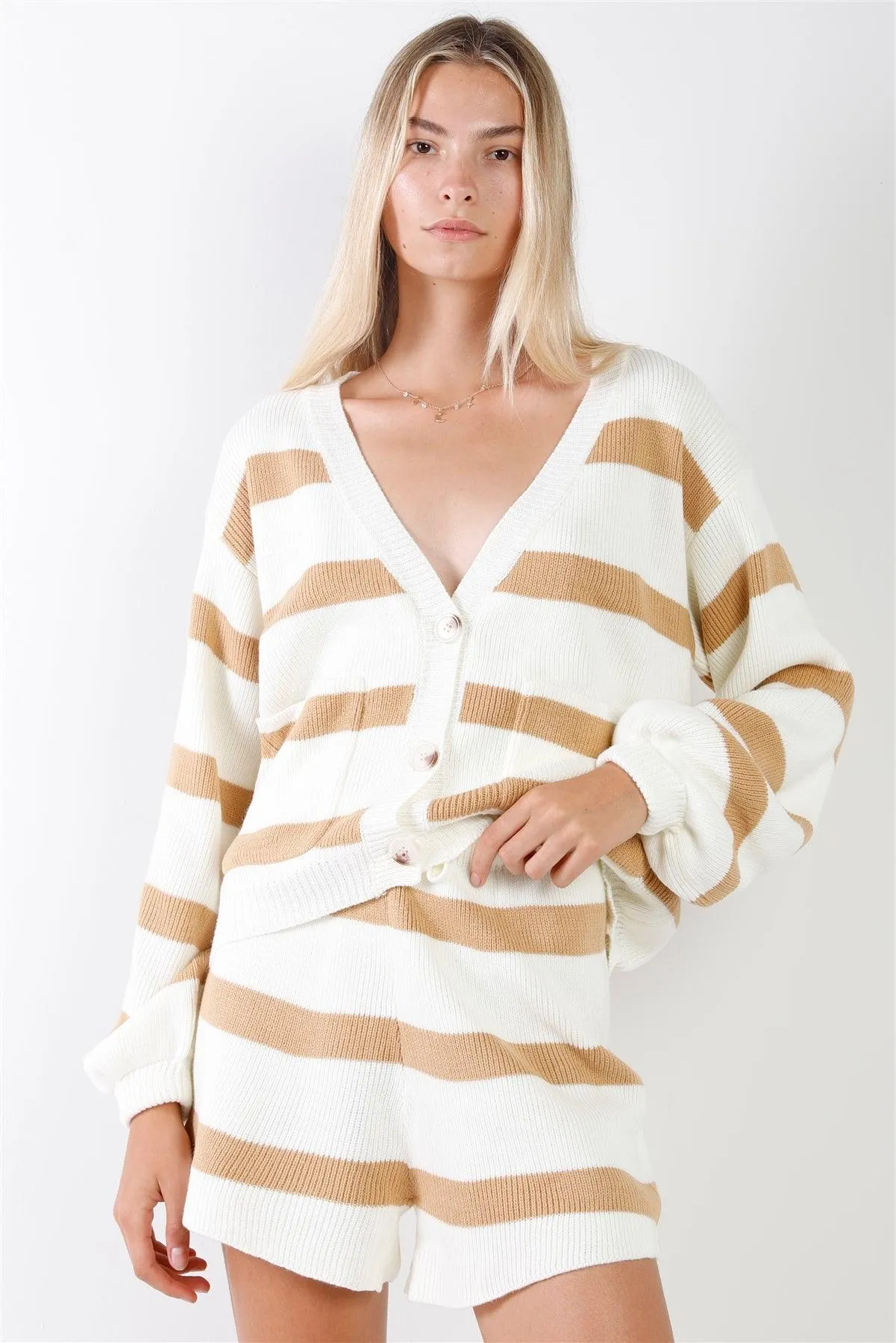 Camel & Ivory Striped Oversized Knit Long Sleeve V-Neck Cardigan & High-Waisted Shorts Two Piece Set /1-1-2-1-1