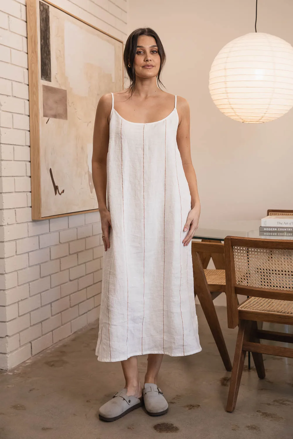 Carter Fundamental Linen Midi - Off White w' Nutmeg Fine Stripe