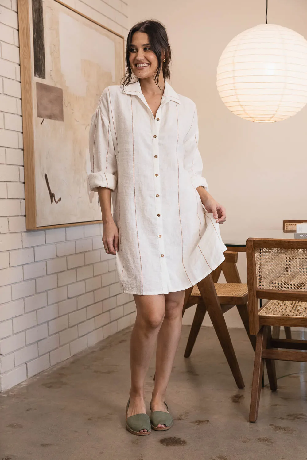 Carter Fundamental Linen Shift Dress - Off White w' Nutmeg Fine Stripe