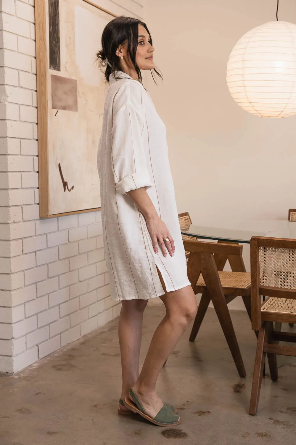 Carter Fundamental Linen Shift Dress - Off White w' Nutmeg Fine Stripe