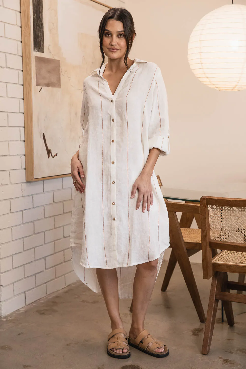 Carter Fundamental Linen Shirt Dress - Off White w' Nutmeg Fine Stripe