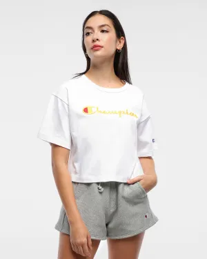 Champion Women's Heritage Script Crop Tee White/ Coral