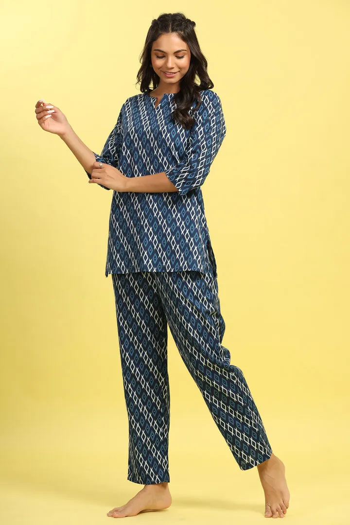 Checkered on Blue Cotton Loungewear Top Set