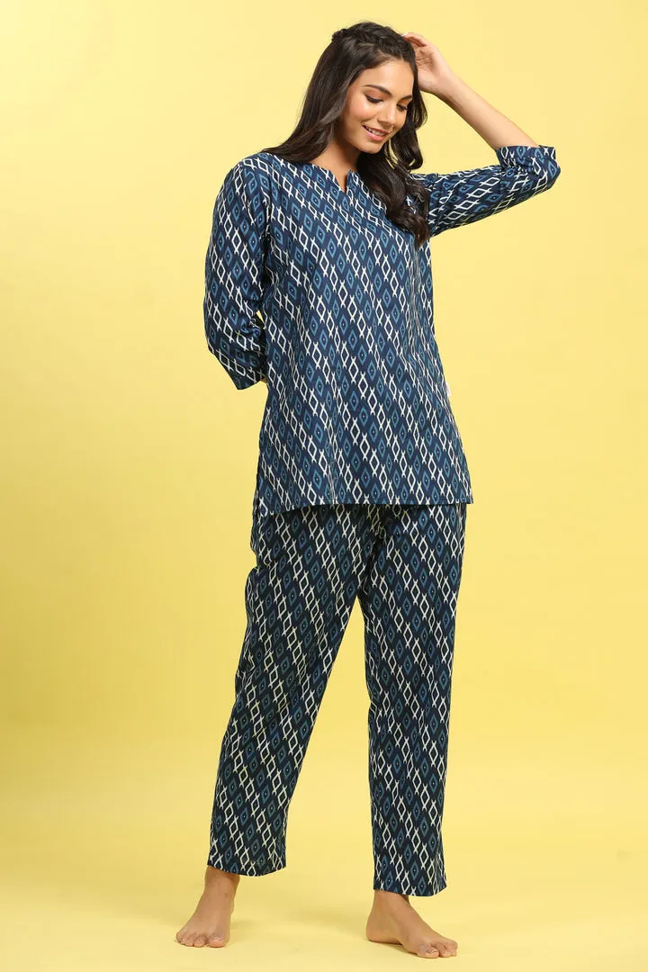 Checkered on Blue Cotton Loungewear Top Set