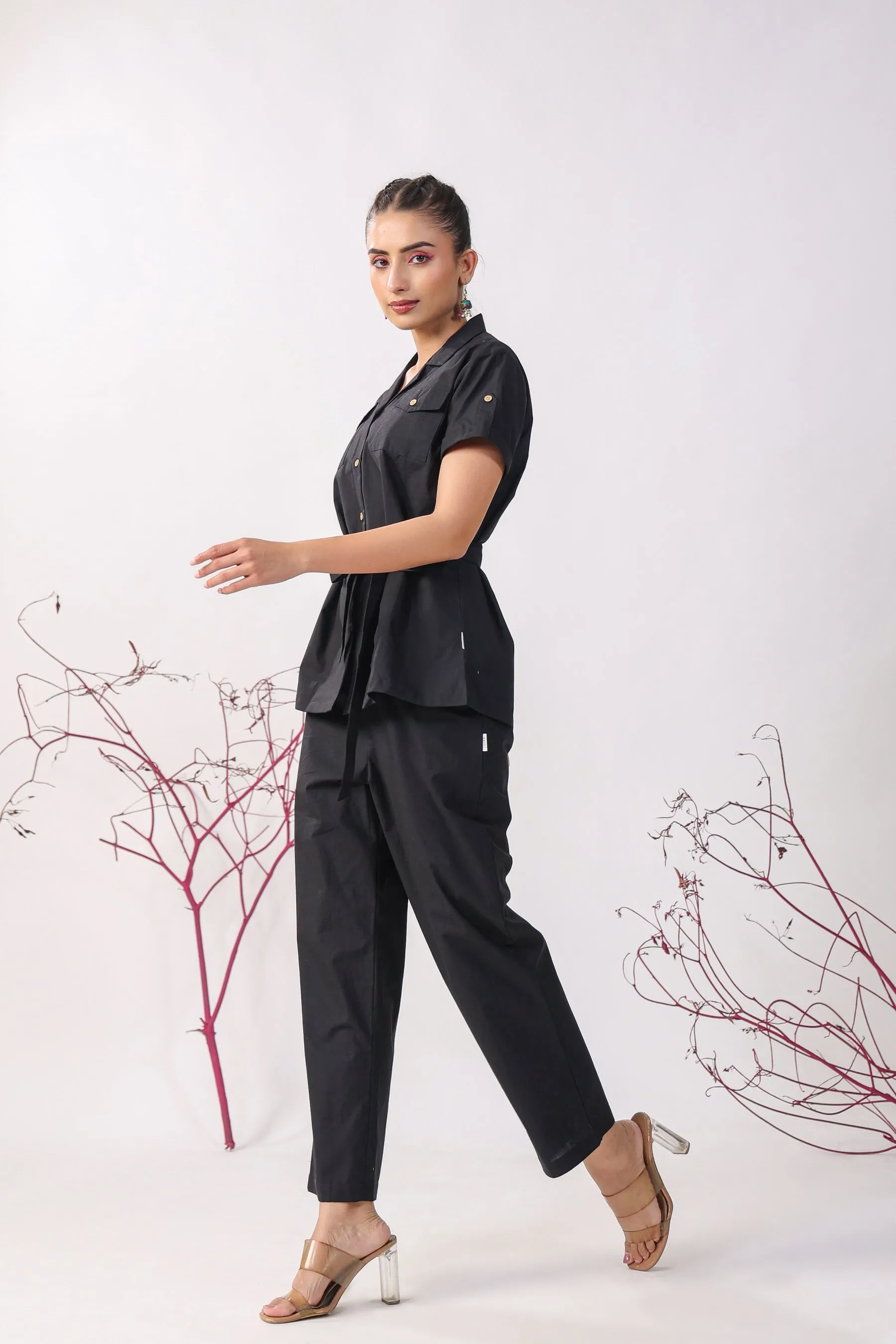 Classic Black Cotton Loungewear Top Set