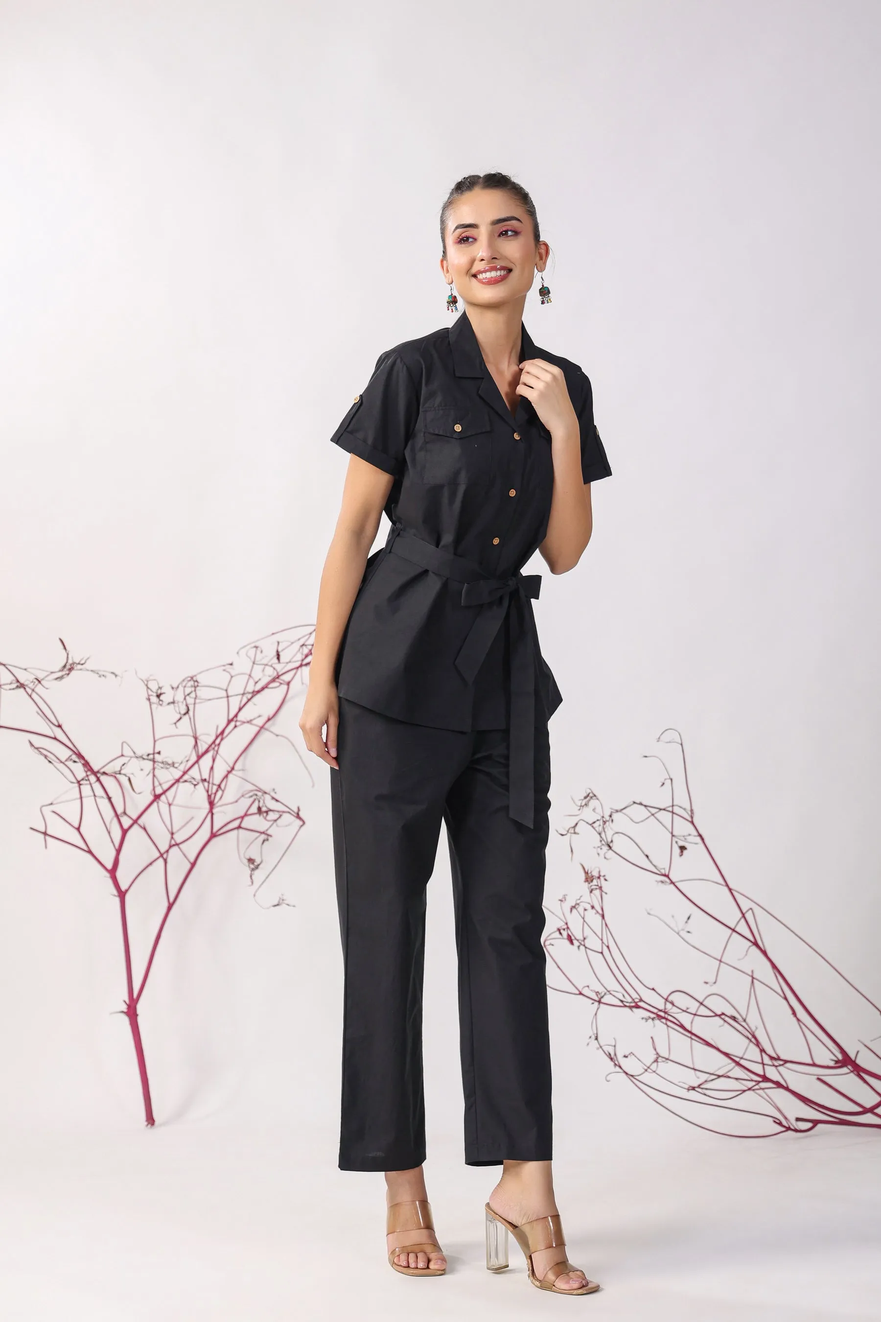 Classic Black Cotton Loungewear Top Set