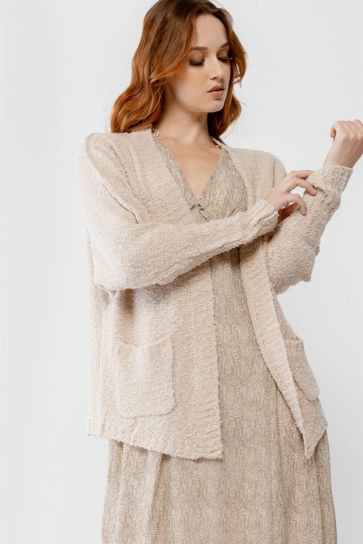 Cream Knit Textured Two Pocket Open Front Cardigan /2-2-2