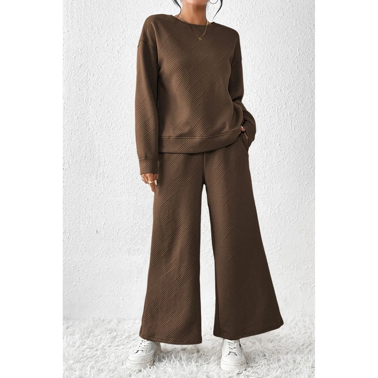 Dark Brown Loose Textured Two Piece Loungewear Set