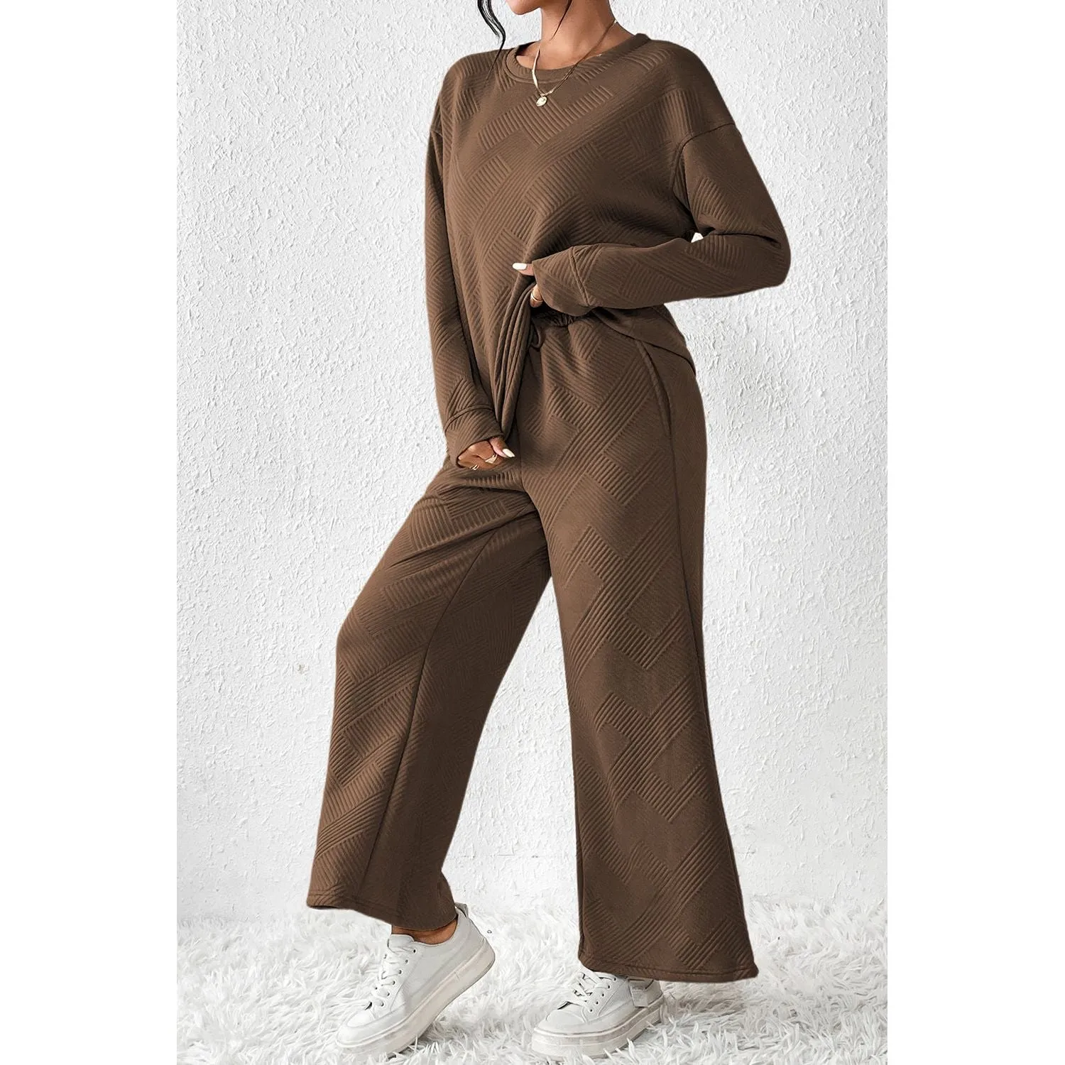 Dark Brown Loose Textured Two Piece Loungewear Set