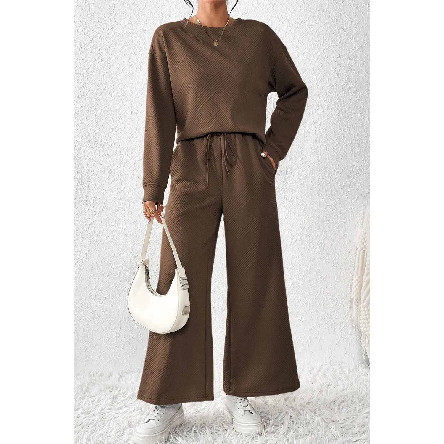 Dark Brown Loose Textured Two Piece Loungewear Set