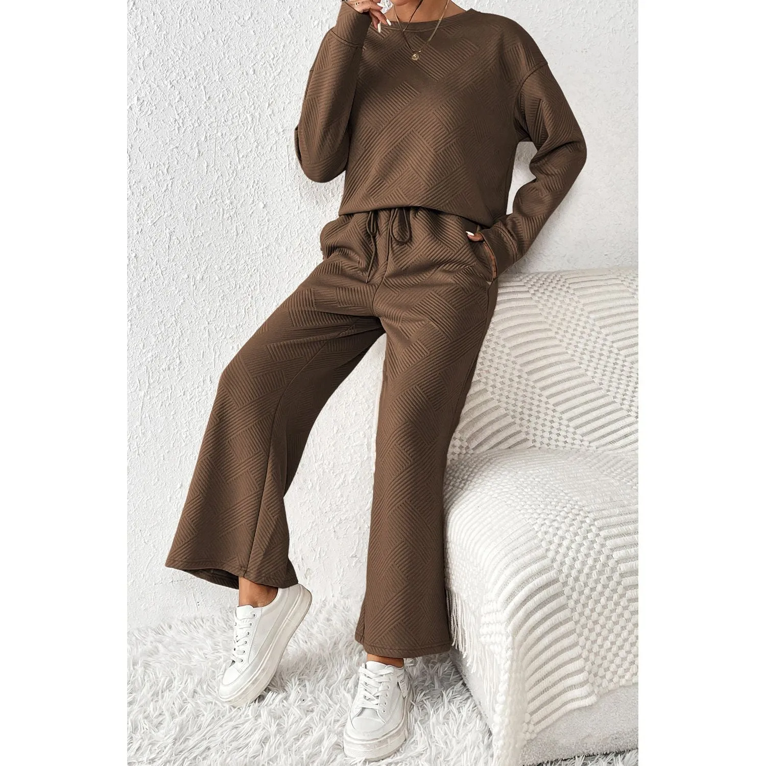 Dark Brown Loose Textured Two Piece Loungewear Set