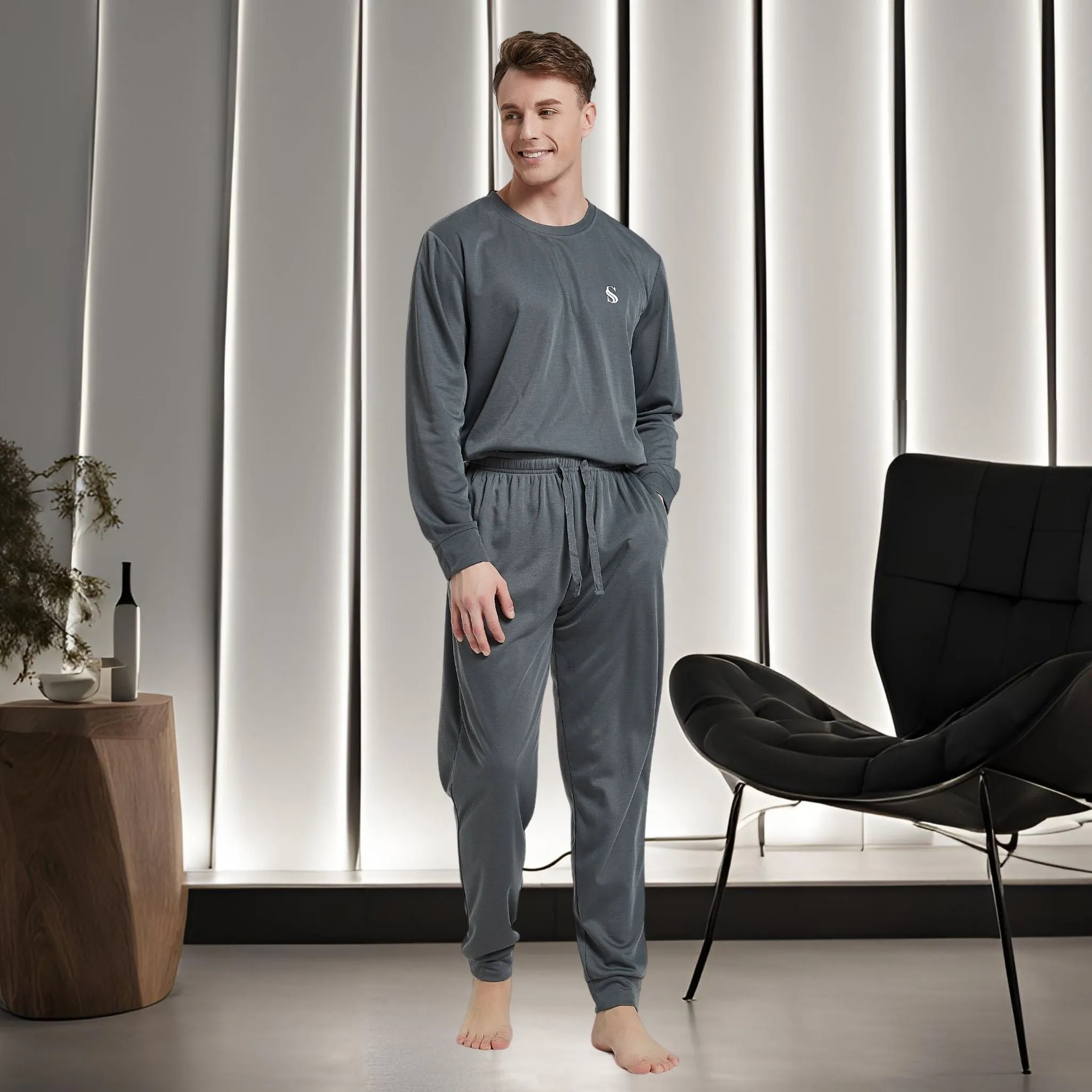 Dark Grey Pyjama Sets Long Sleeve Jogger Style Men Comfy Pj's.