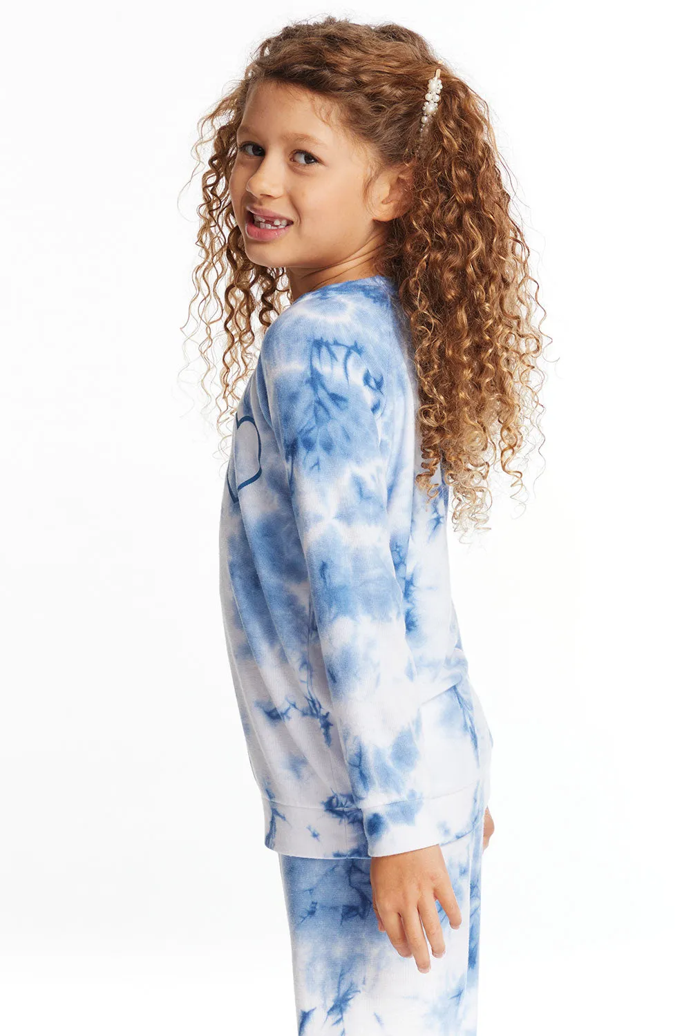 Denim Tie Dye Heart Girls Cozy Knit Raglan Pullover