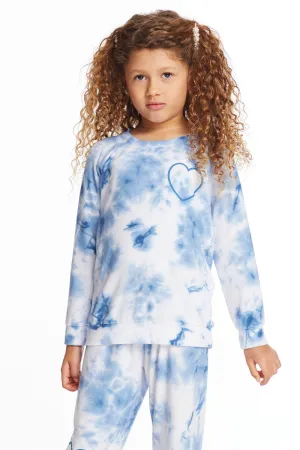 Denim Tie Dye Heart Girls Cozy Knit Raglan Pullover