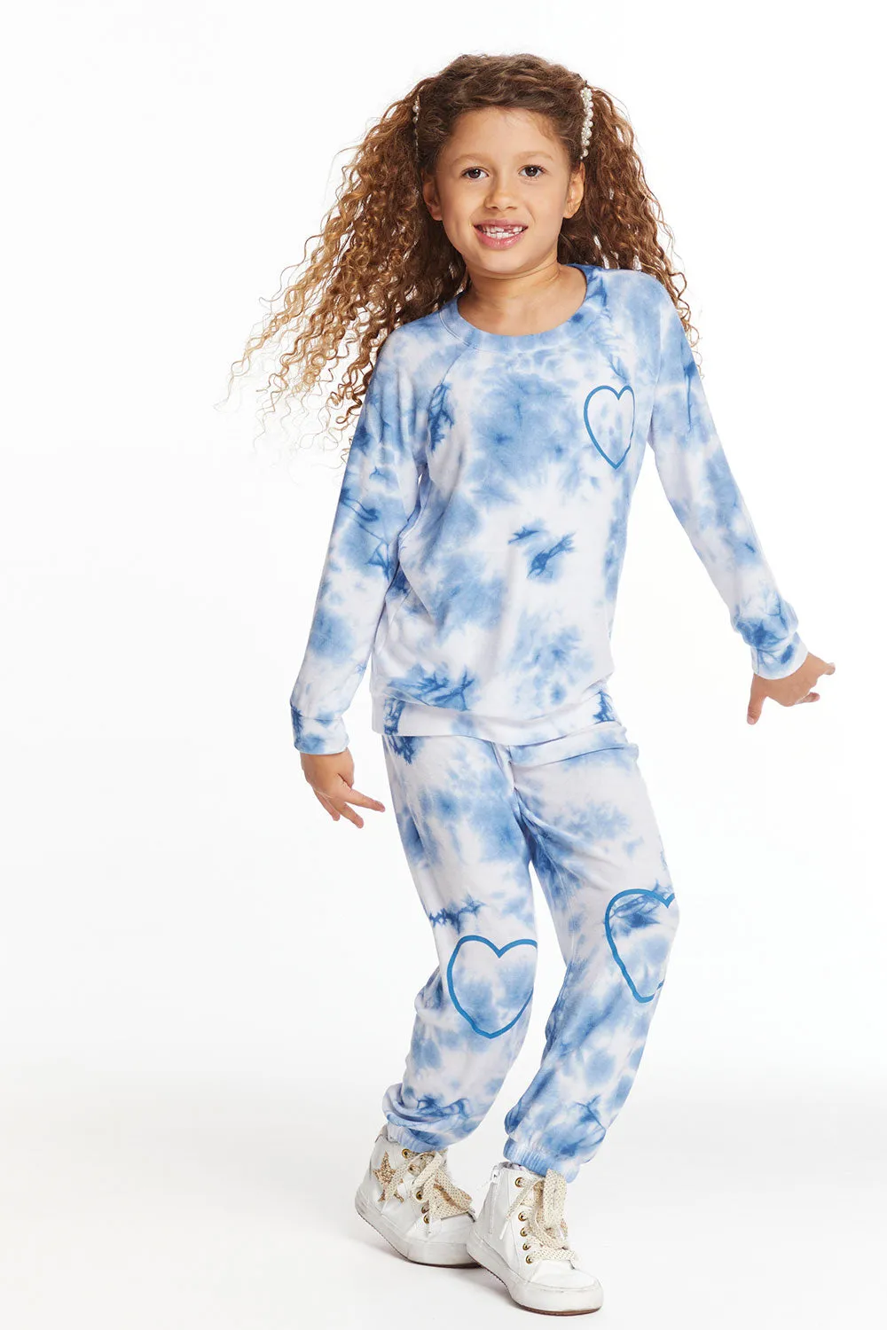 Denim Tie Dye Heart Girls Cozy Knit Raglan Pullover