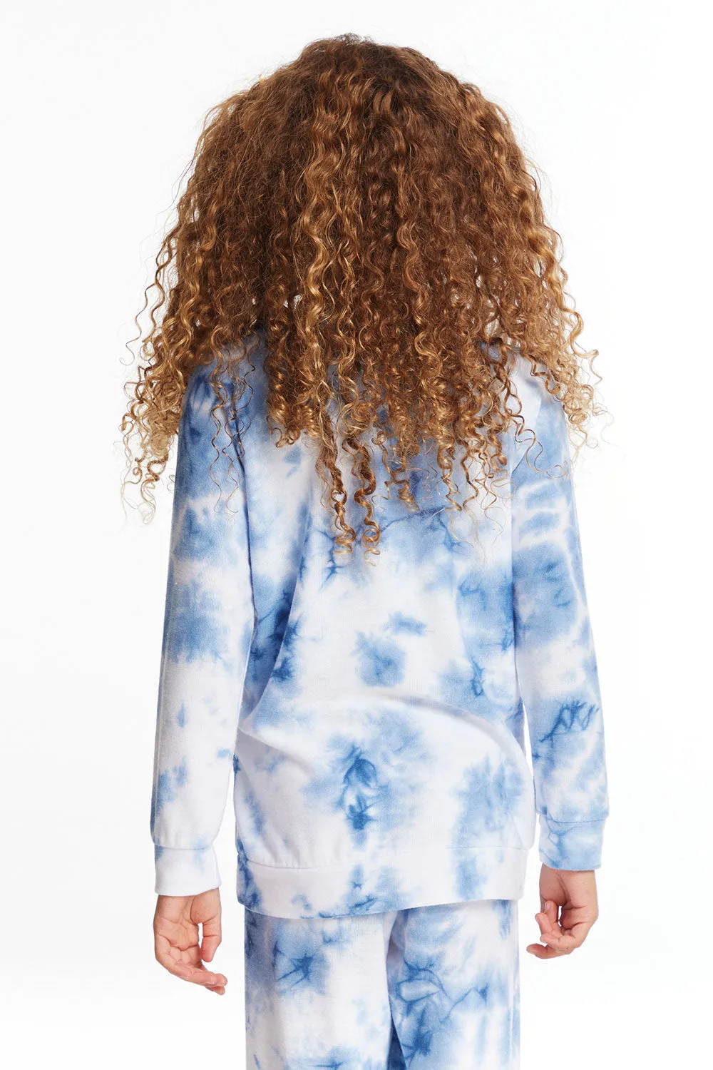 Denim Tie Dye Heart Girls Cozy Knit Raglan Pullover