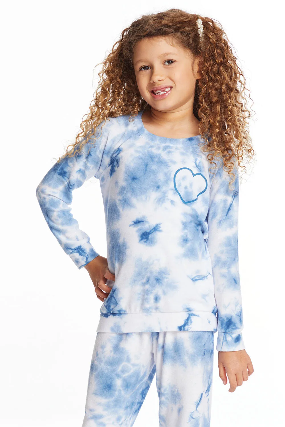 Denim Tie Dye Heart Girls Cozy Knit Raglan Pullover