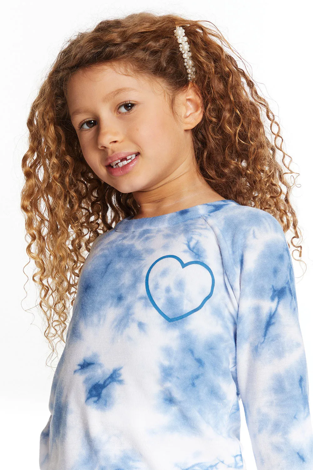 Denim Tie Dye Heart Girls Cozy Knit Raglan Pullover