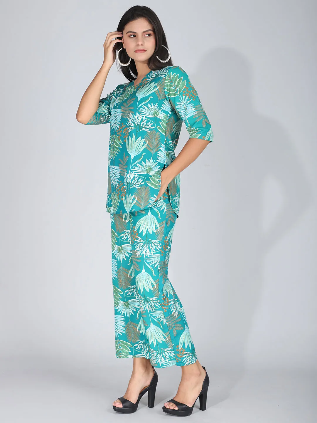 Elegant Green Floral Co-Ord Set Loungewear