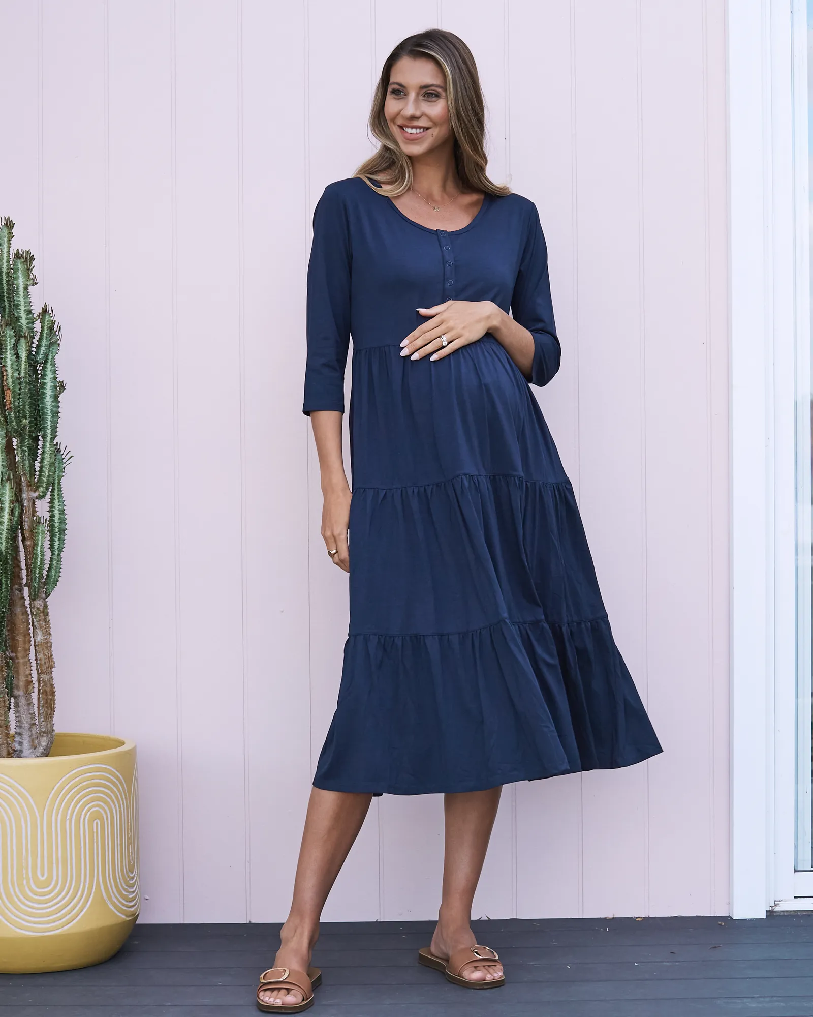 Essential Maternity Tiered Midi Dress in Navy