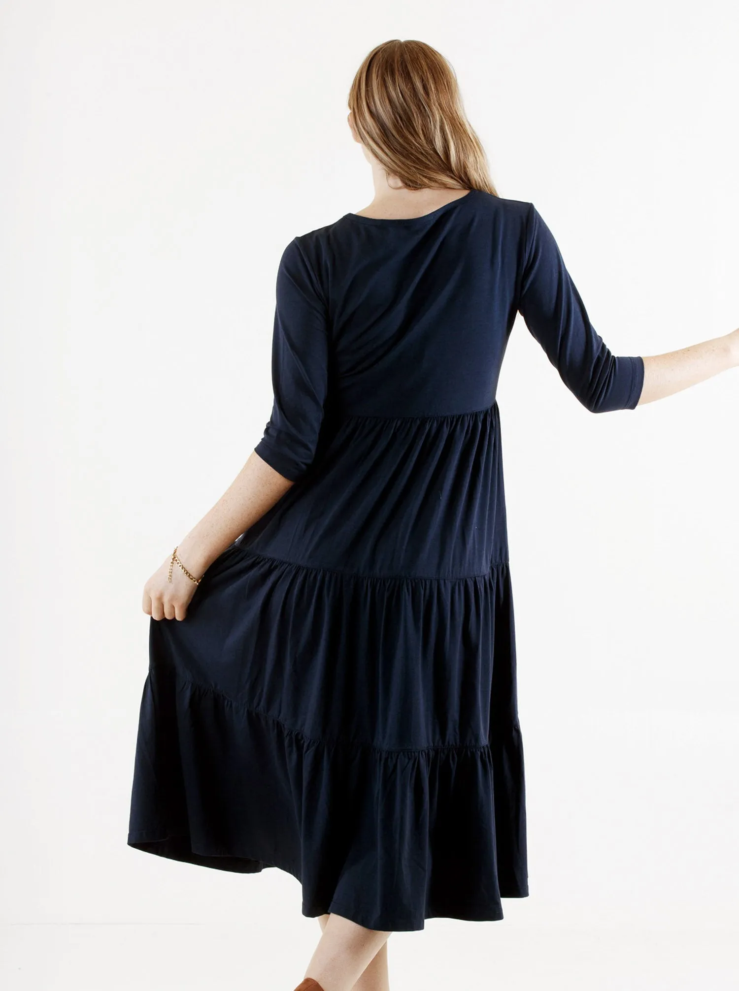 Essential Maternity Tiered Midi Dress in Navy