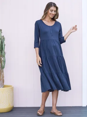 Essential Maternity Tiered Midi Dress in Navy